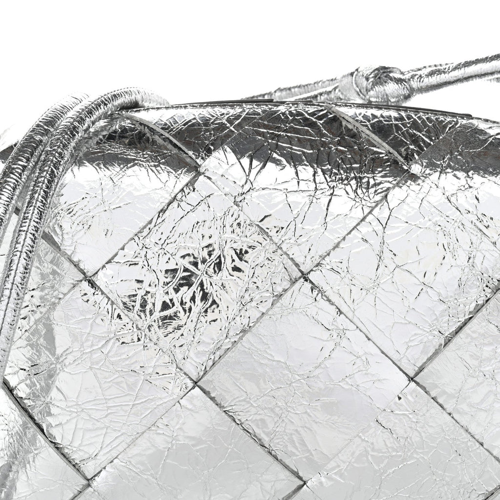 Metallic Crinkled Lambskin Maxi Intrecciato Small Cassette Camera Bag Silver