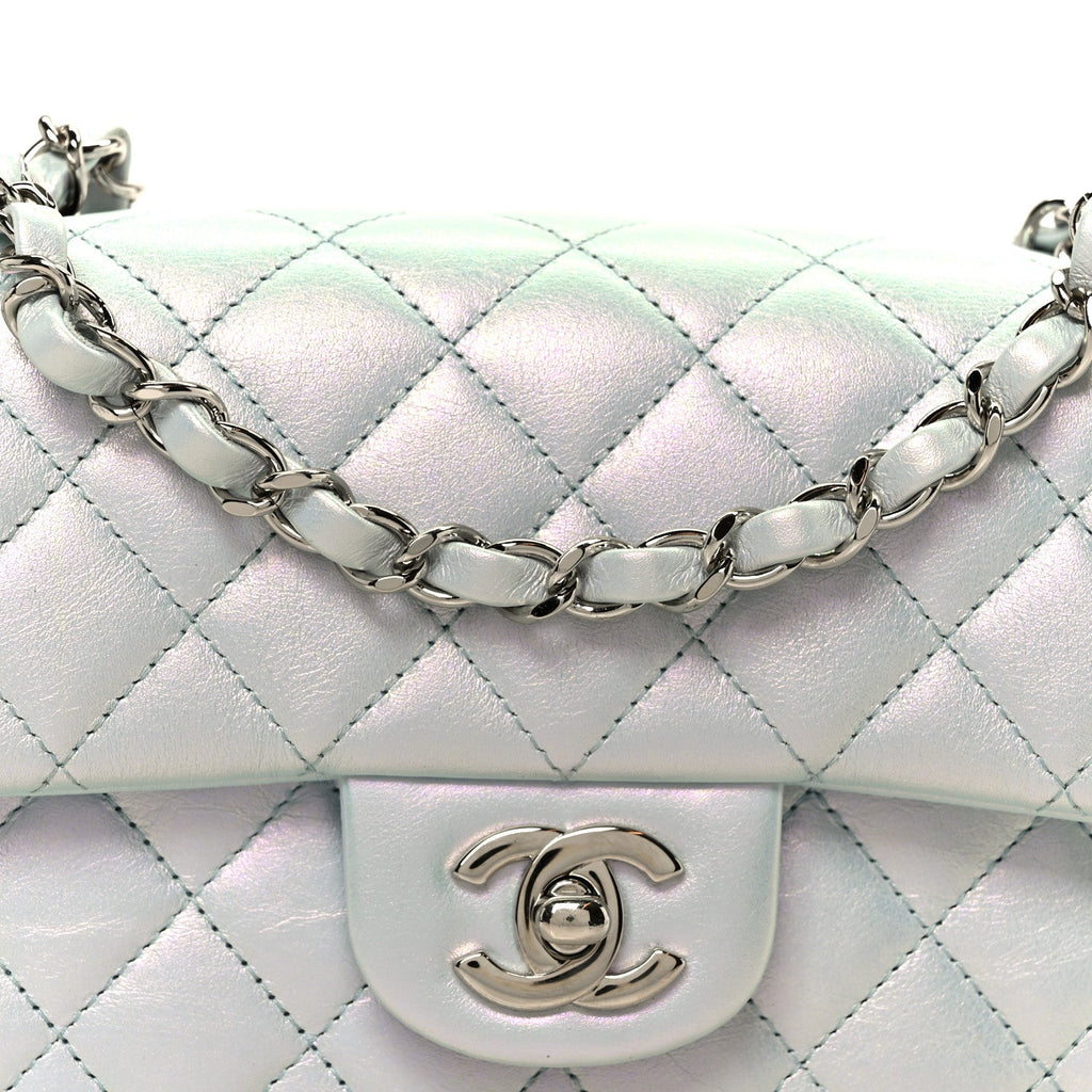 Iridescent Calfskin Quilted Mini Rectangular Flap Light Blue