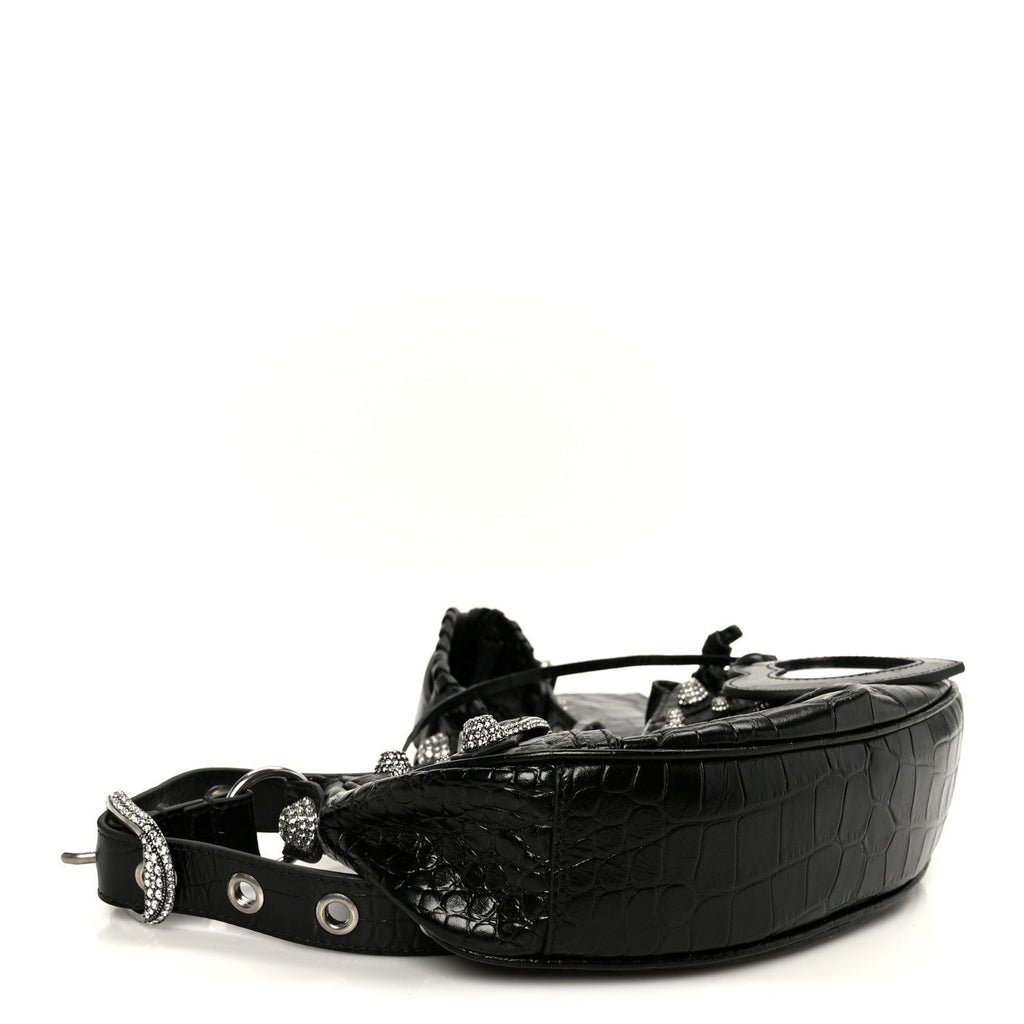 Extra Supple Calfskin Crystal Crocodile Embossed Le Cagole Shoulder Bag XS Black