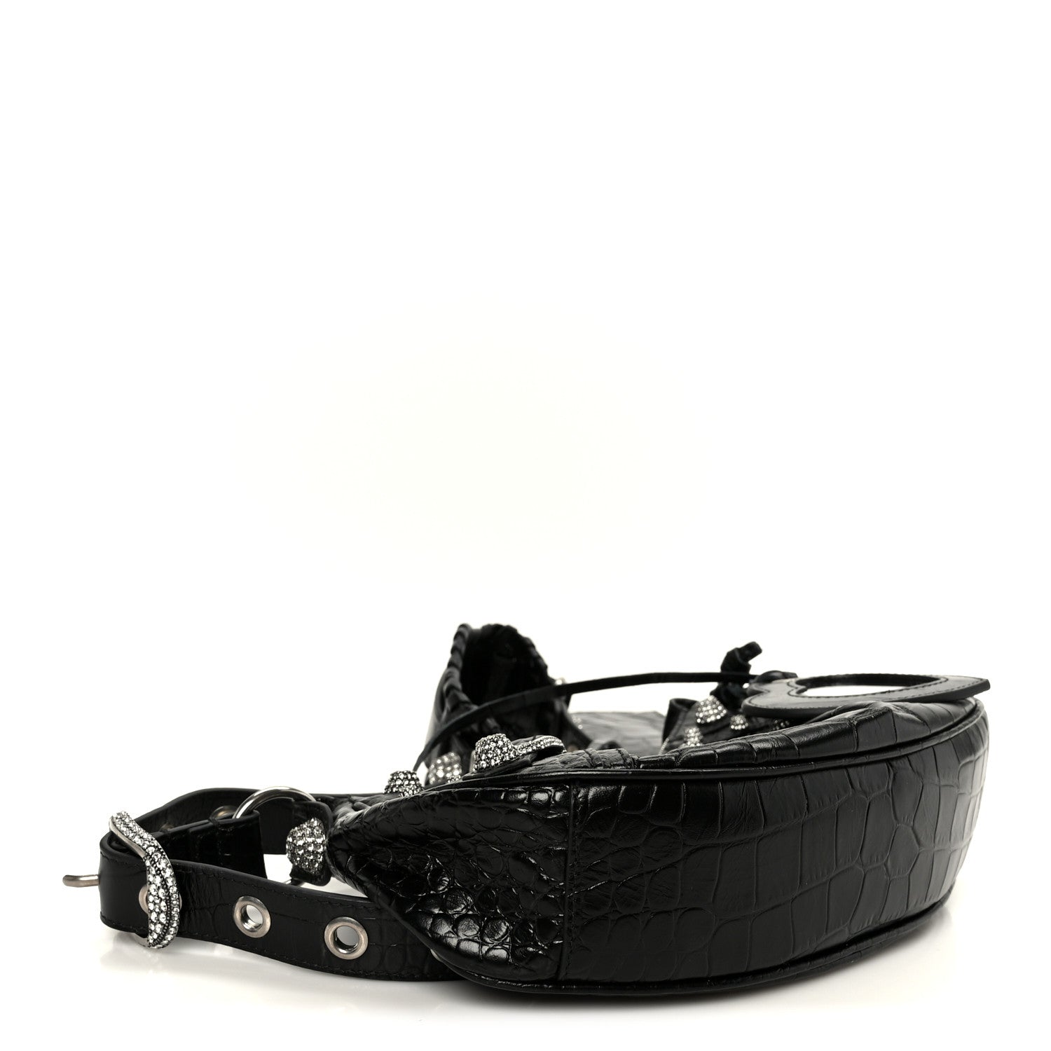 Extra Supple Calfskin Crystal Crocodile Embossed Le Cagole Shoulder Bag XS Black
