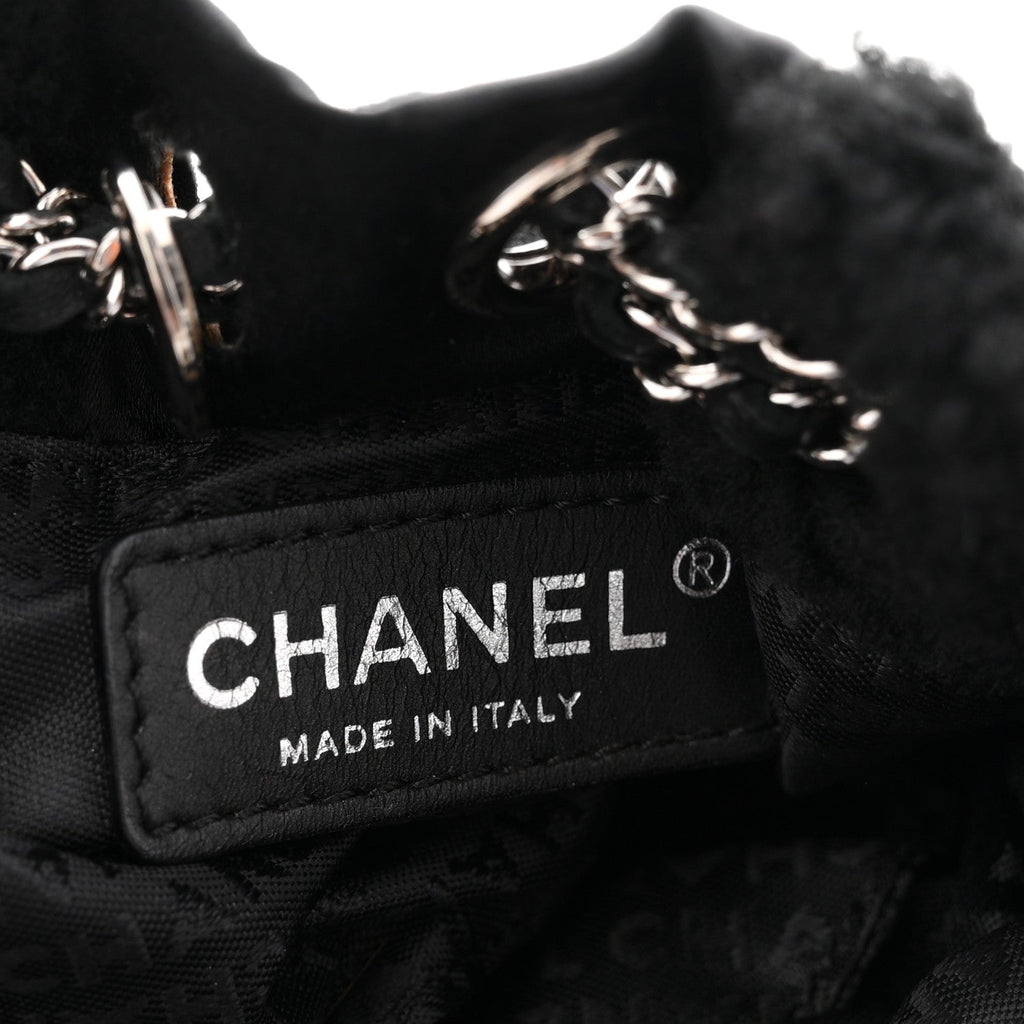 Fur Satin Drawstring Tassel Sac Cordon Shoulder Bag Black