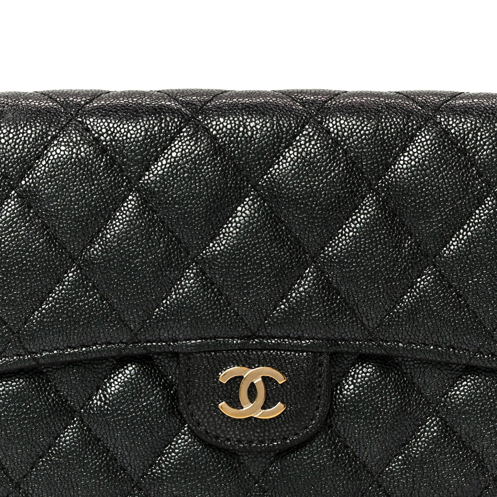Iridescent Caviar Quilted Medium Flap Wallet Black