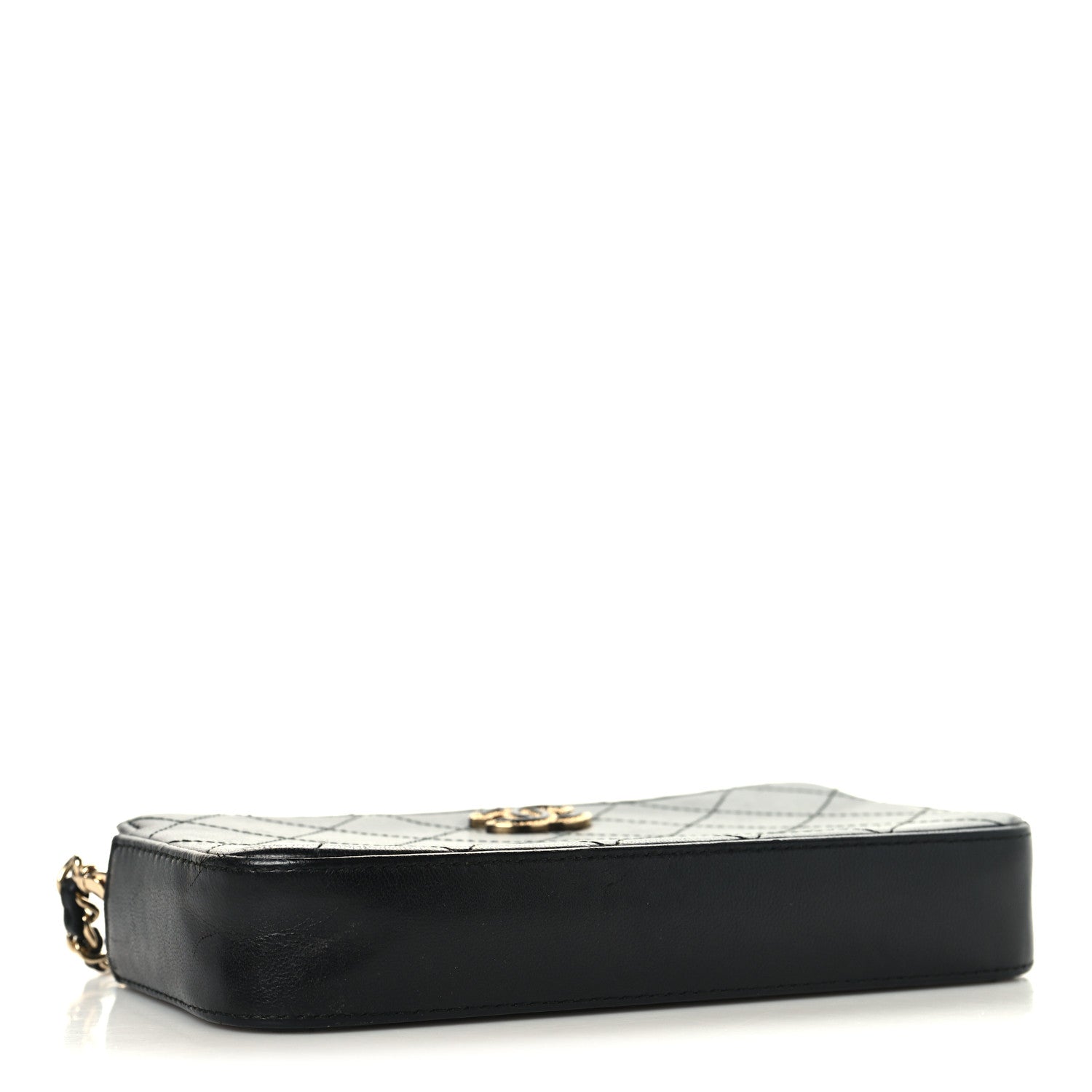 Goatskin Enamel Quilted Small Clutch With Chain Black