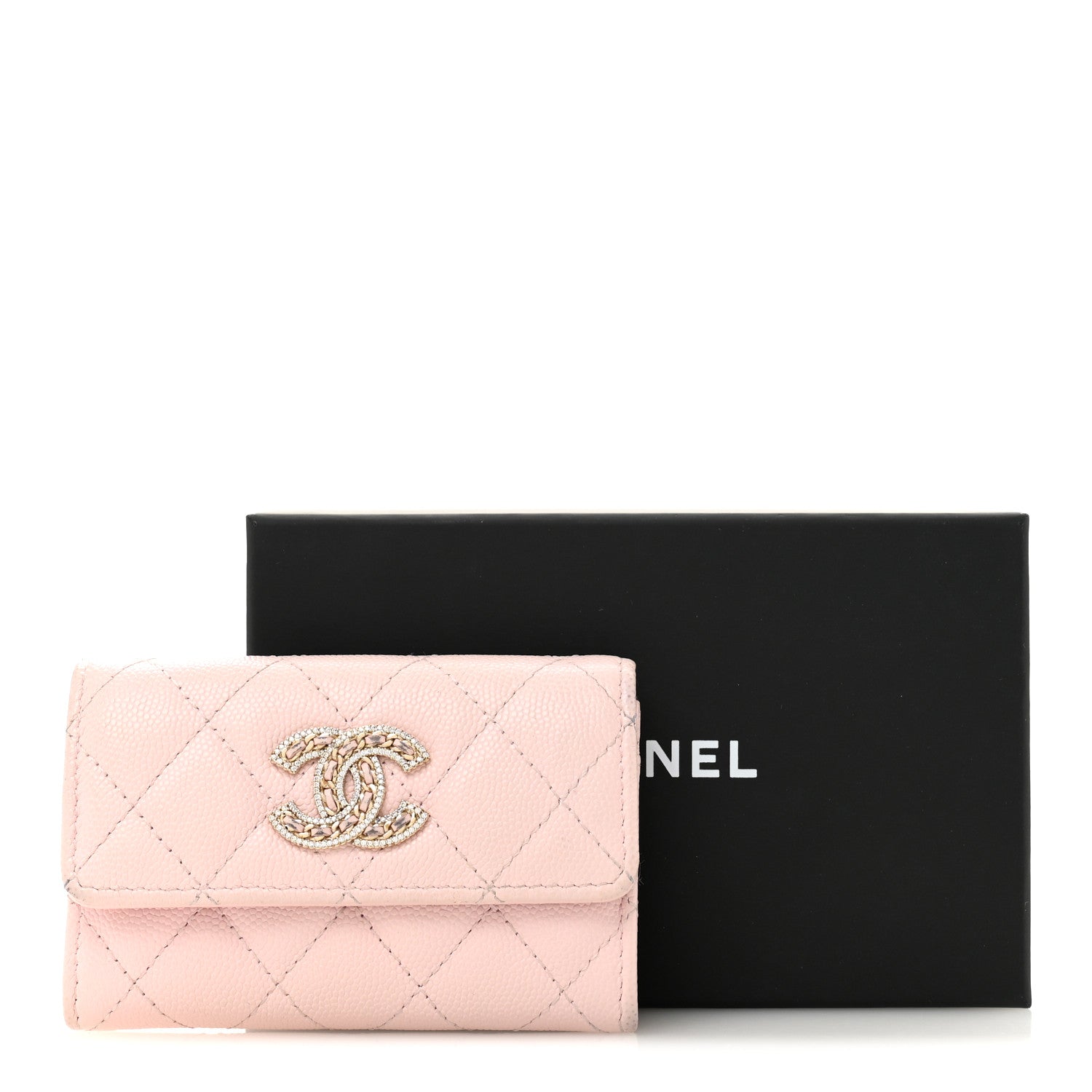 Caviar Quilted Crystal CC Flap  Holder Pink