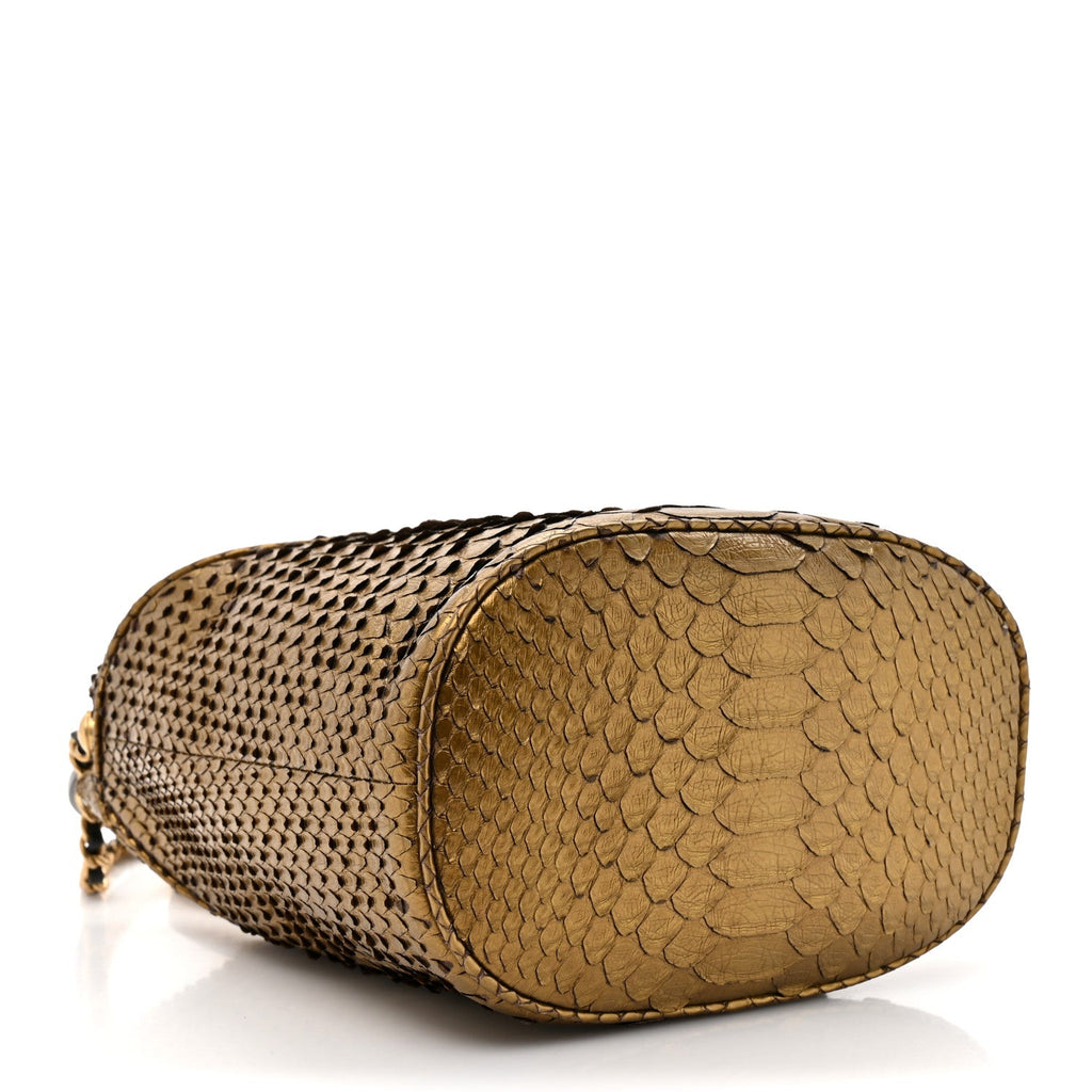 Metallic Snakeskin Paris Hamburg Drawstring Bucket Bag Gold