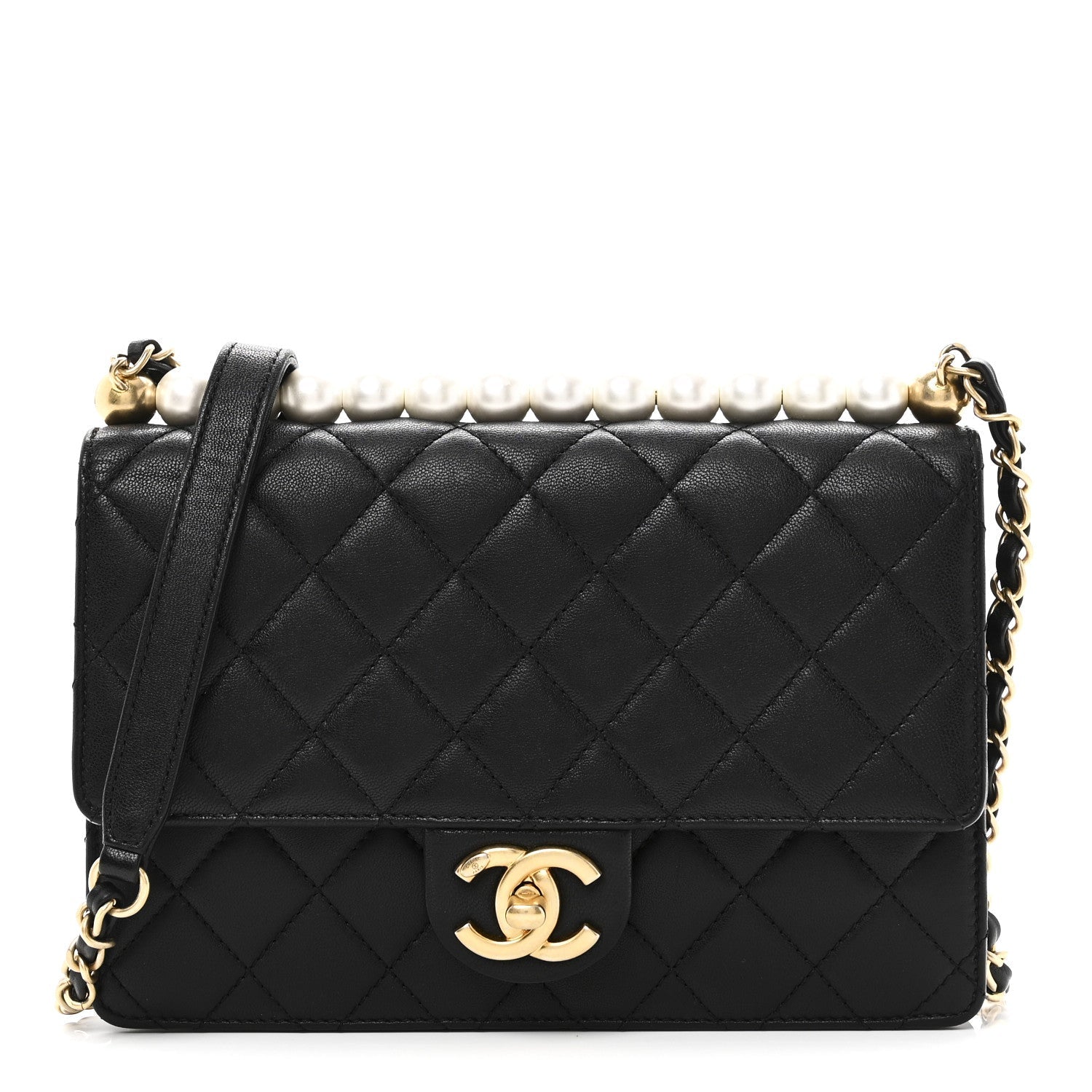 Goatskin Quilted Small Chic Pearls Flap Black