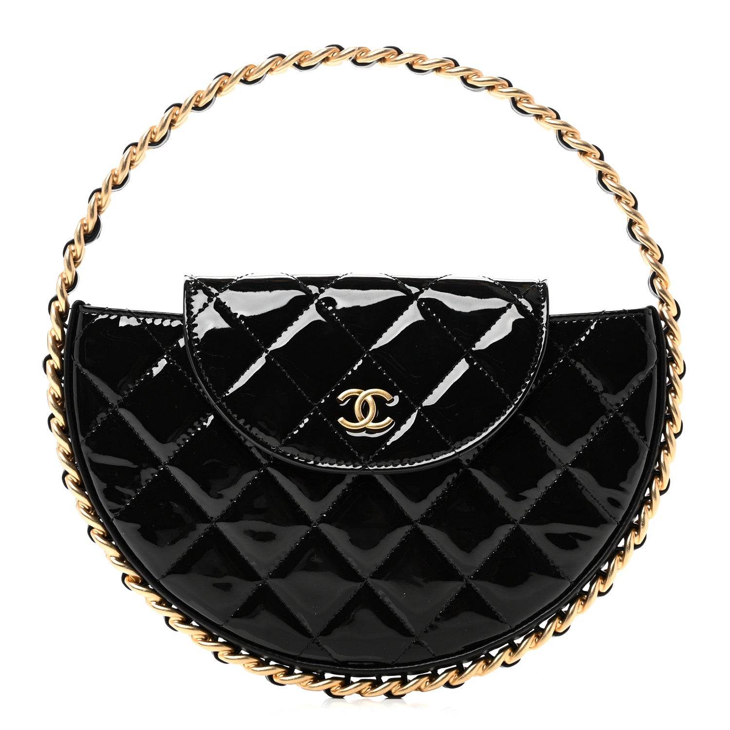 Patent Calfskin Quilted Chain Hoop Bag Black