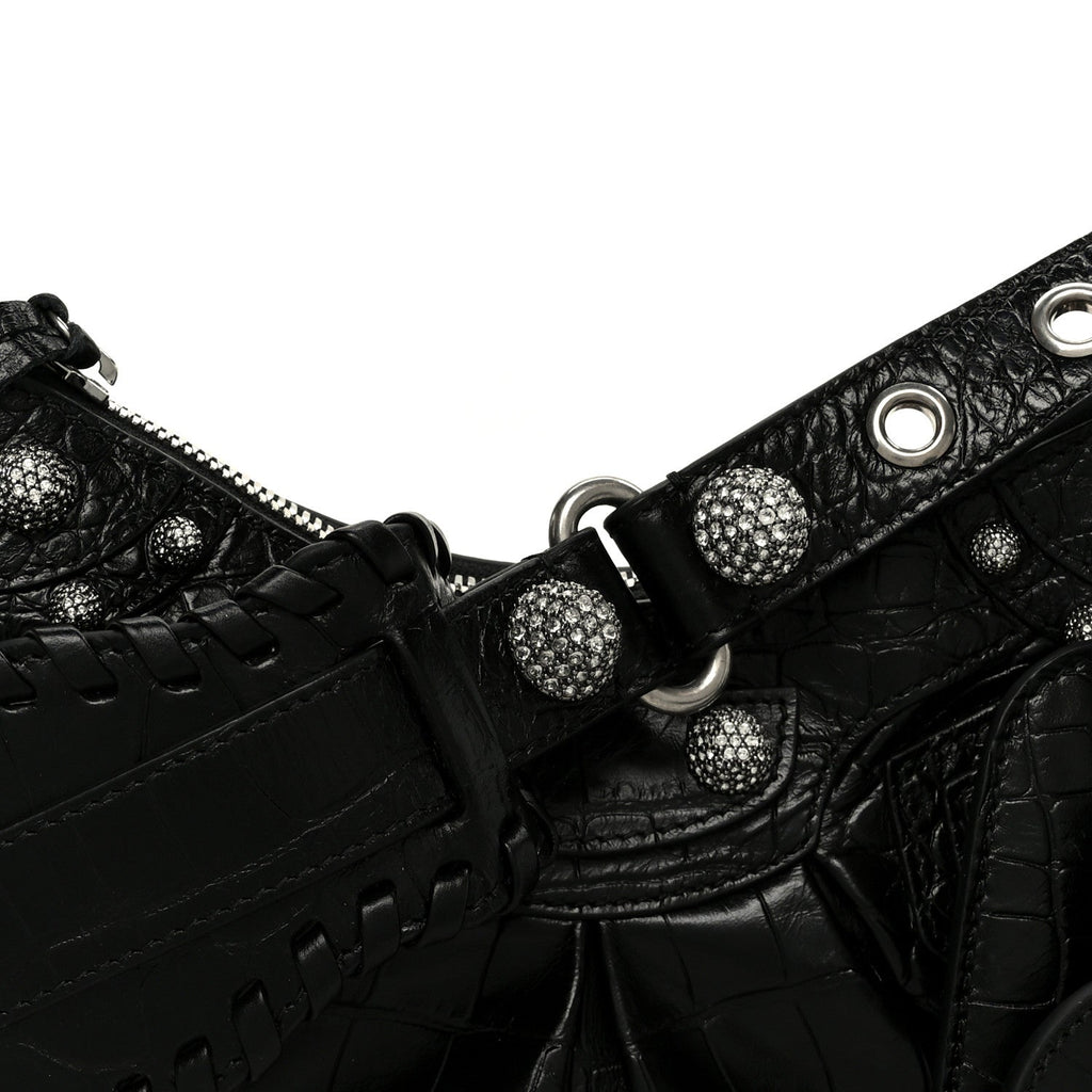 Extra Supple Calfskin Crystal Crocodile Embossed Le Cagole Shoulder Bag XS Black