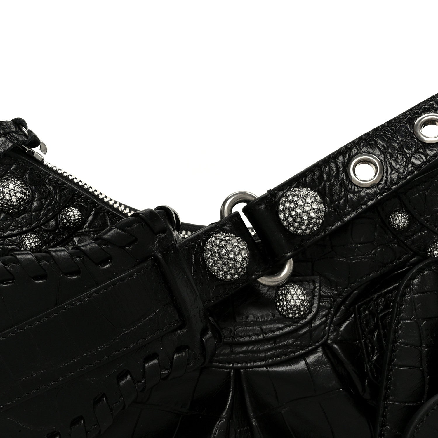 Extra Supple Calfskin Crystal Crocodile Embossed Le Cagole Shoulder Bag XS Black