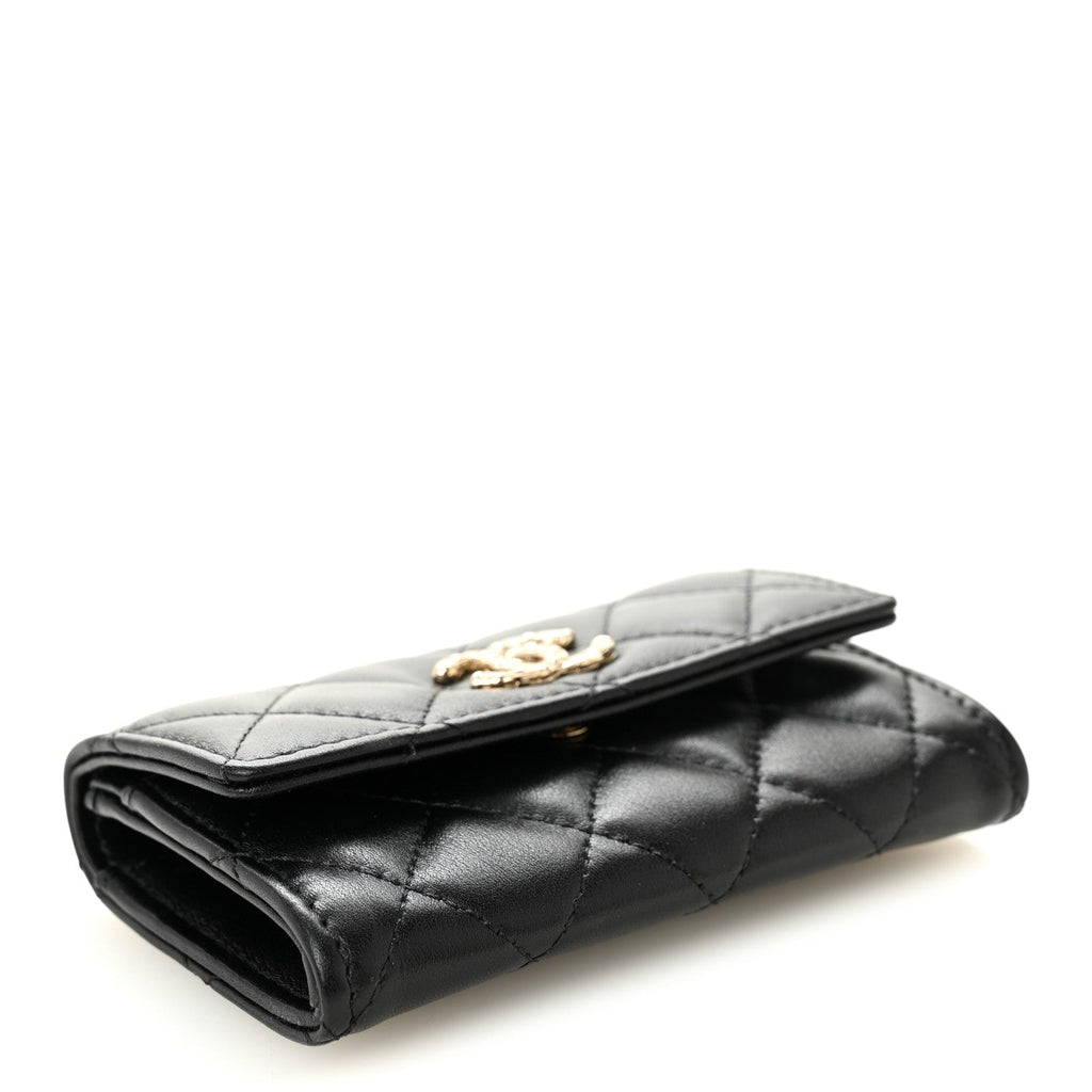 Shiny Lambskin Quilted Textured CC  Holder Black