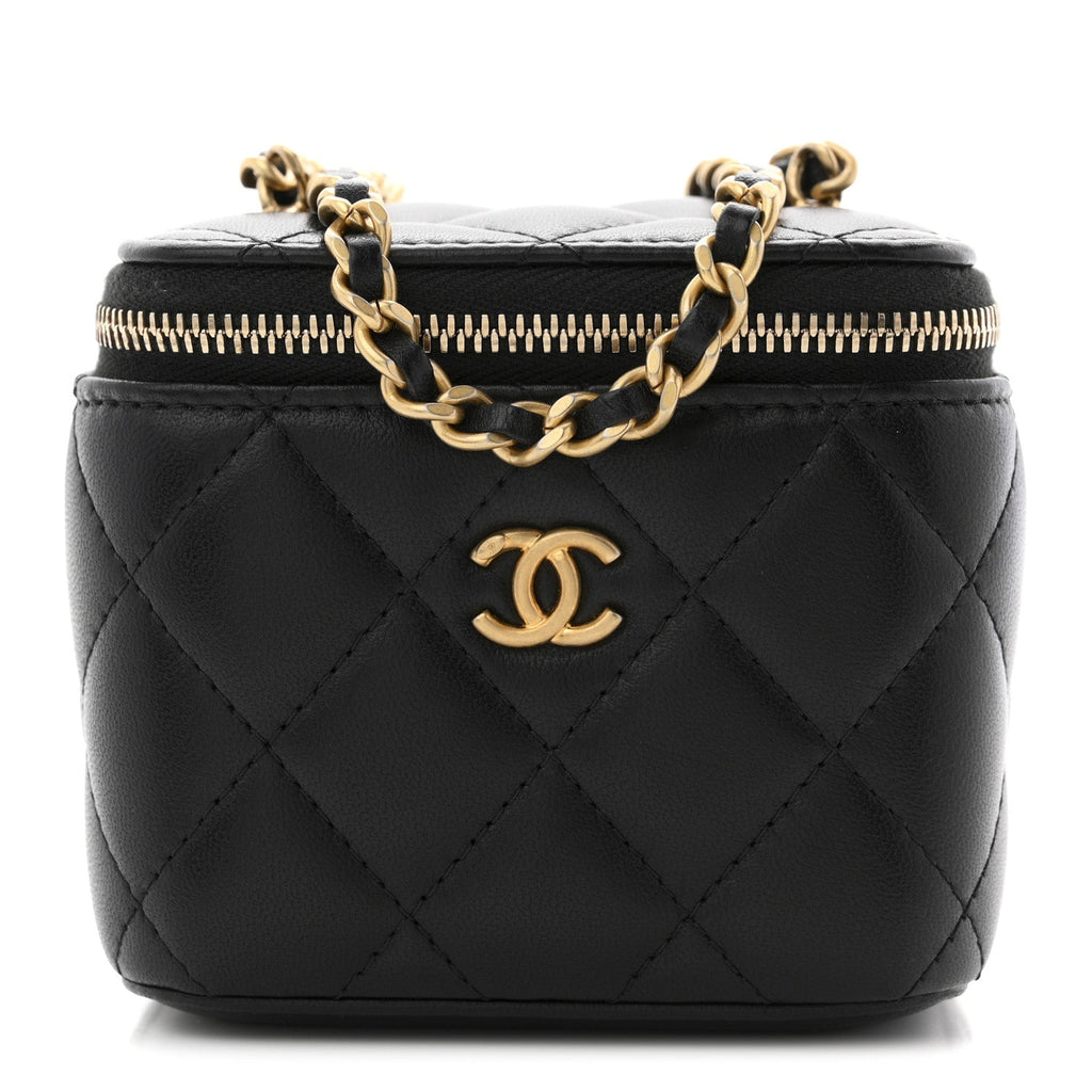 Lambskin Quilted Mini Pearl Crush Vanity Case With Chain Black