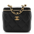 Lambskin Quilted Mini Pearl Crush Vanity Case With Chain Black