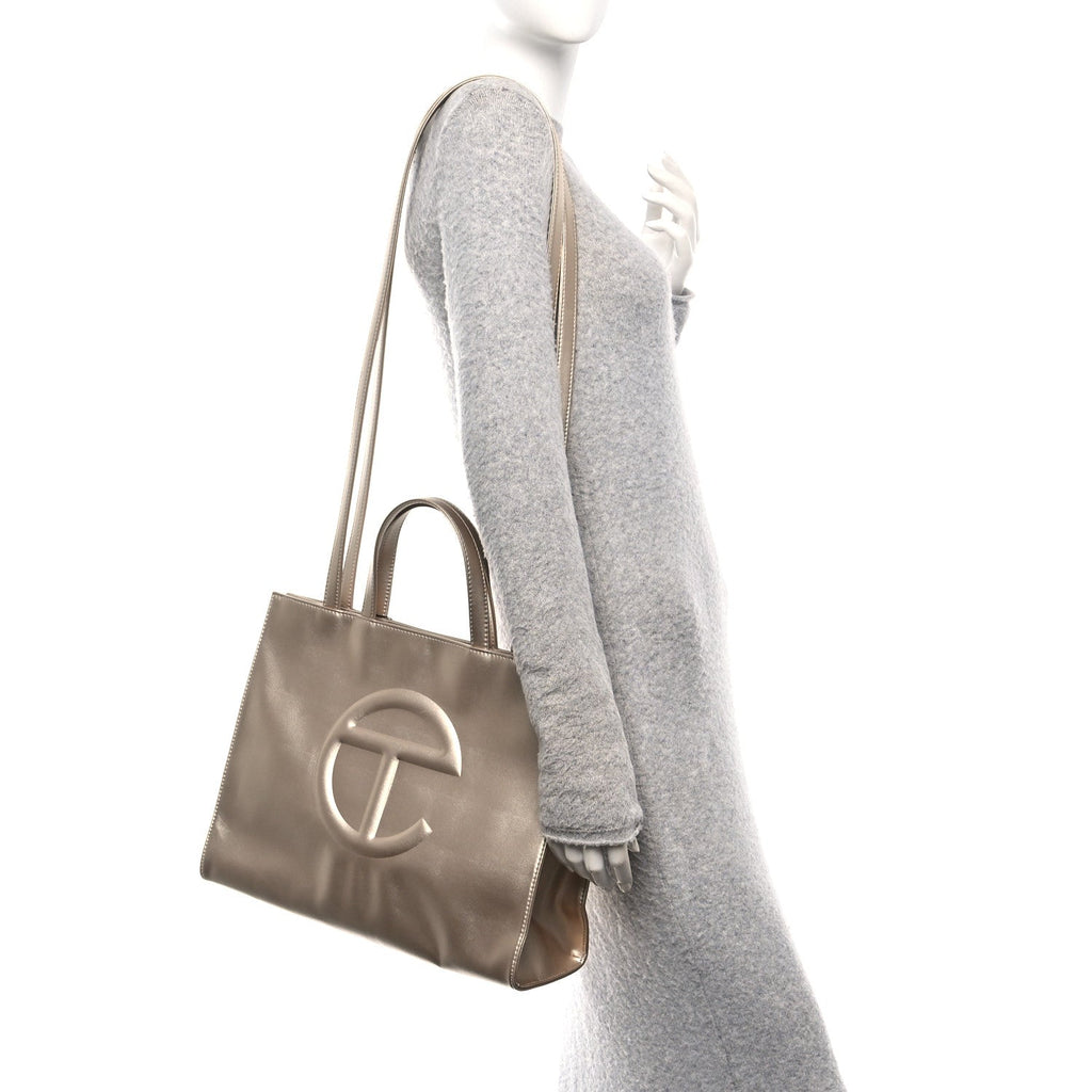 Metallic Vegan Leather Medium Shopping Bag Gold