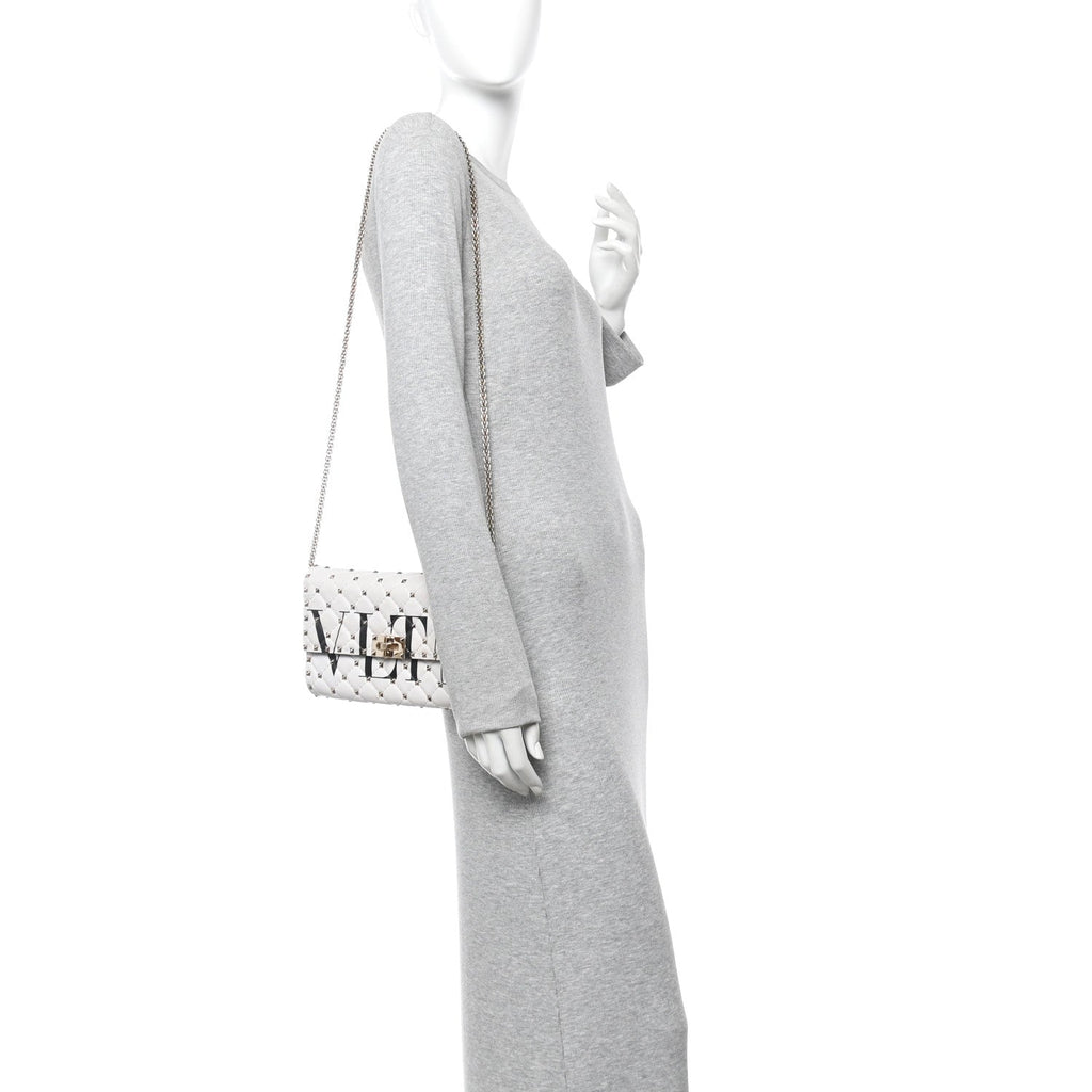 Lambskin VLTN Print Rockstud Spike Wallet On Chain White