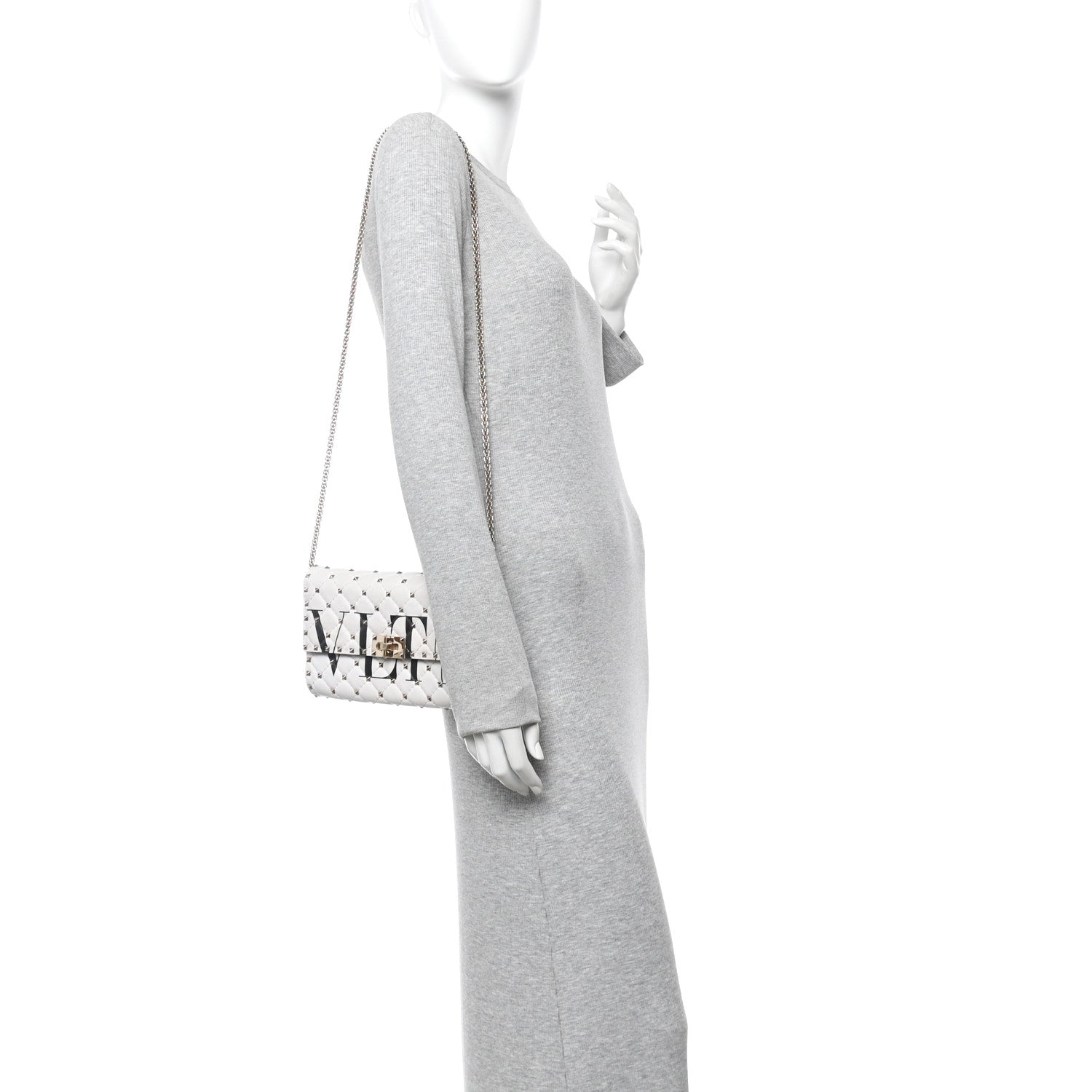 Lambskin VLTN Print Rockstud Spike Wallet On Chain White