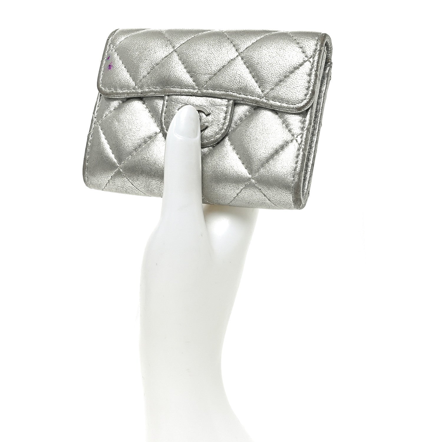 Metallic Lambskin Quilted Flap  Holder Wallet Silver