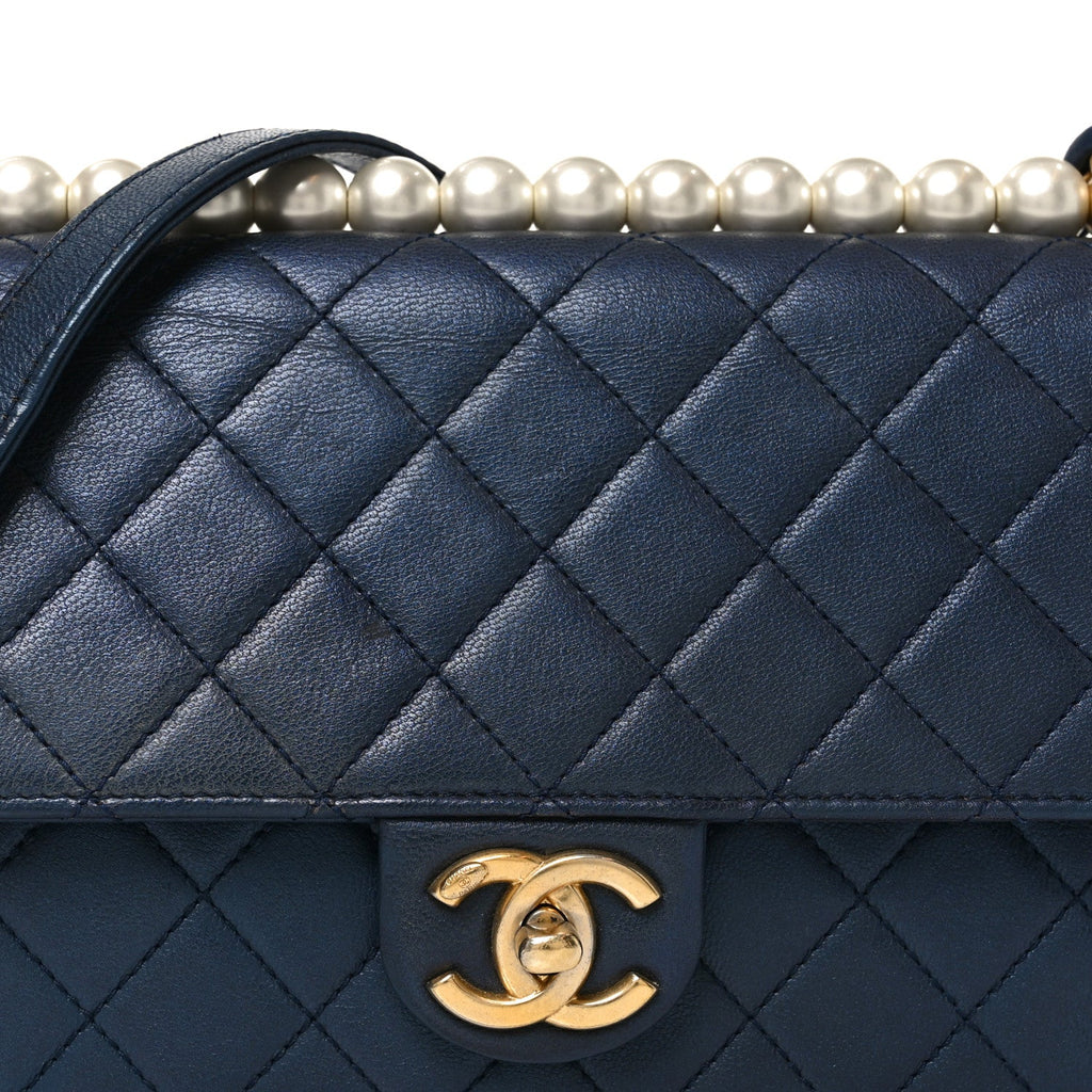 Iridescent Lambskin Quilted Small Chic Pearls Flap Blue