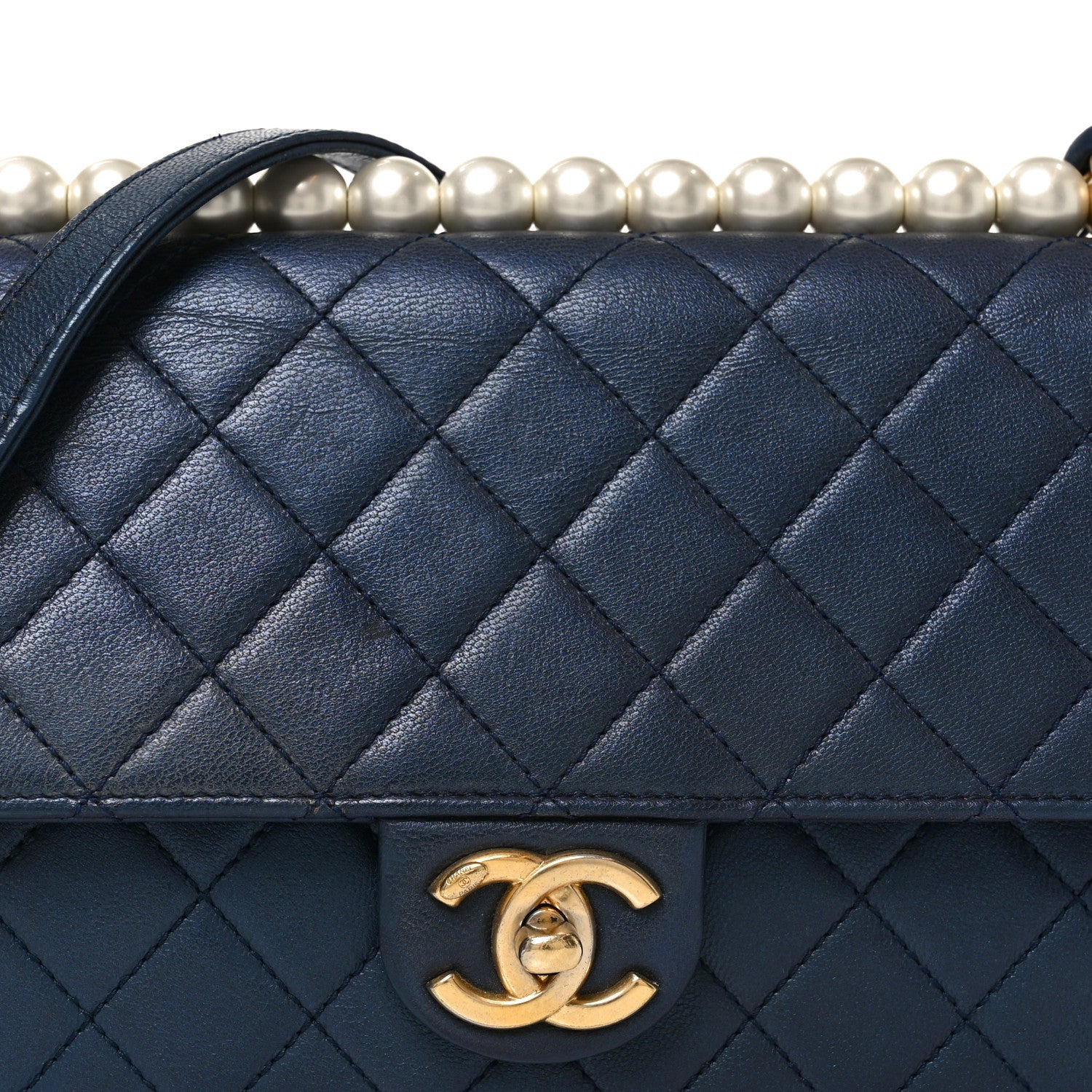 Iridescent Lambskin Quilted Small Chic Pearls Flap Blue