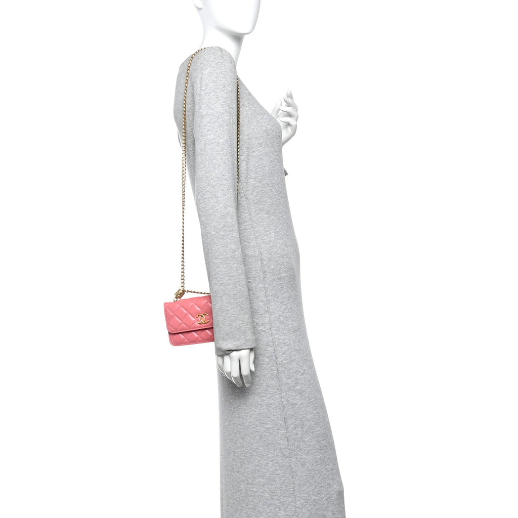 Lambskin Quilted Pillow Crush Flap Phone Holder With Chain Pink