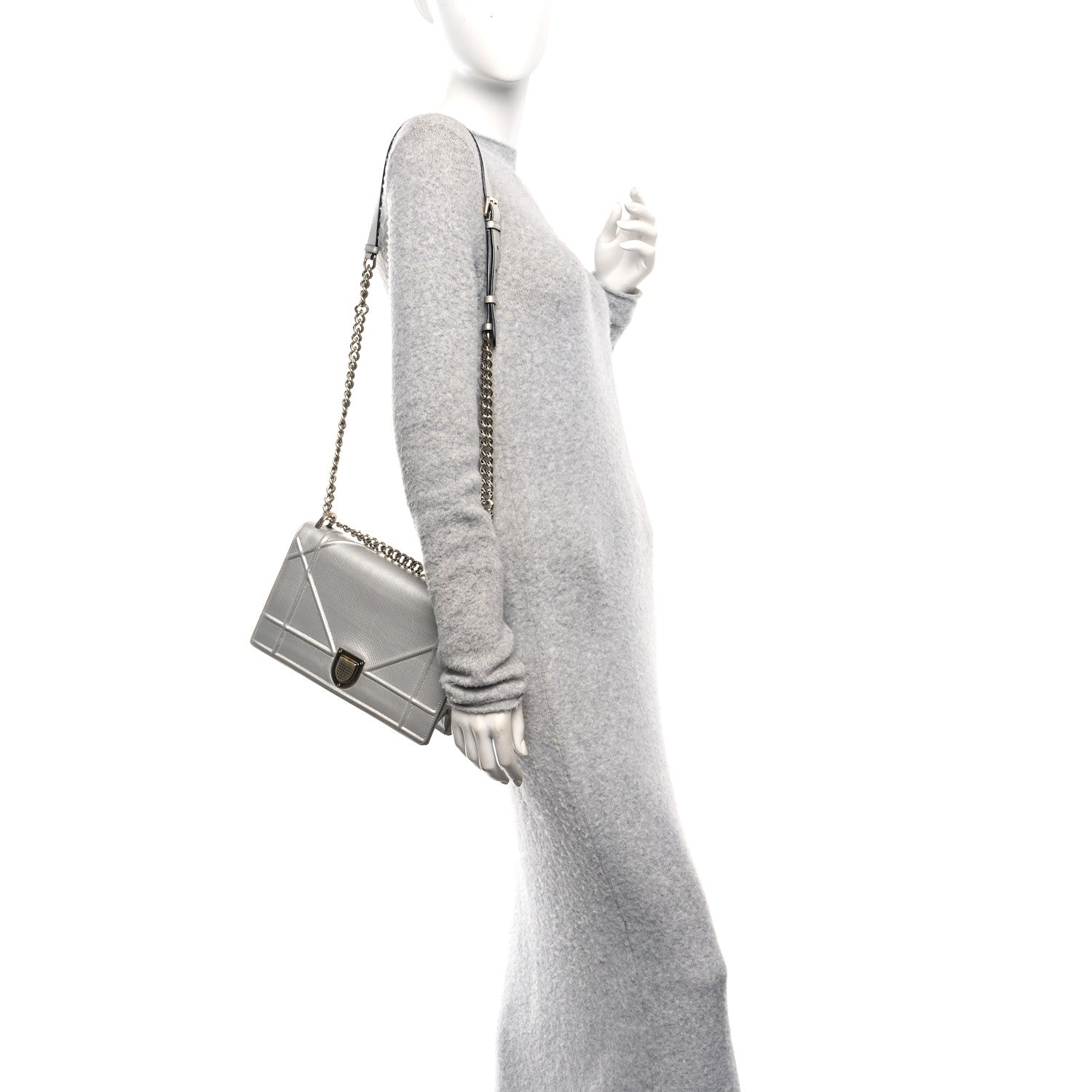 Metallic Grained Calfskin Medium Diorama Flap Bag Silver