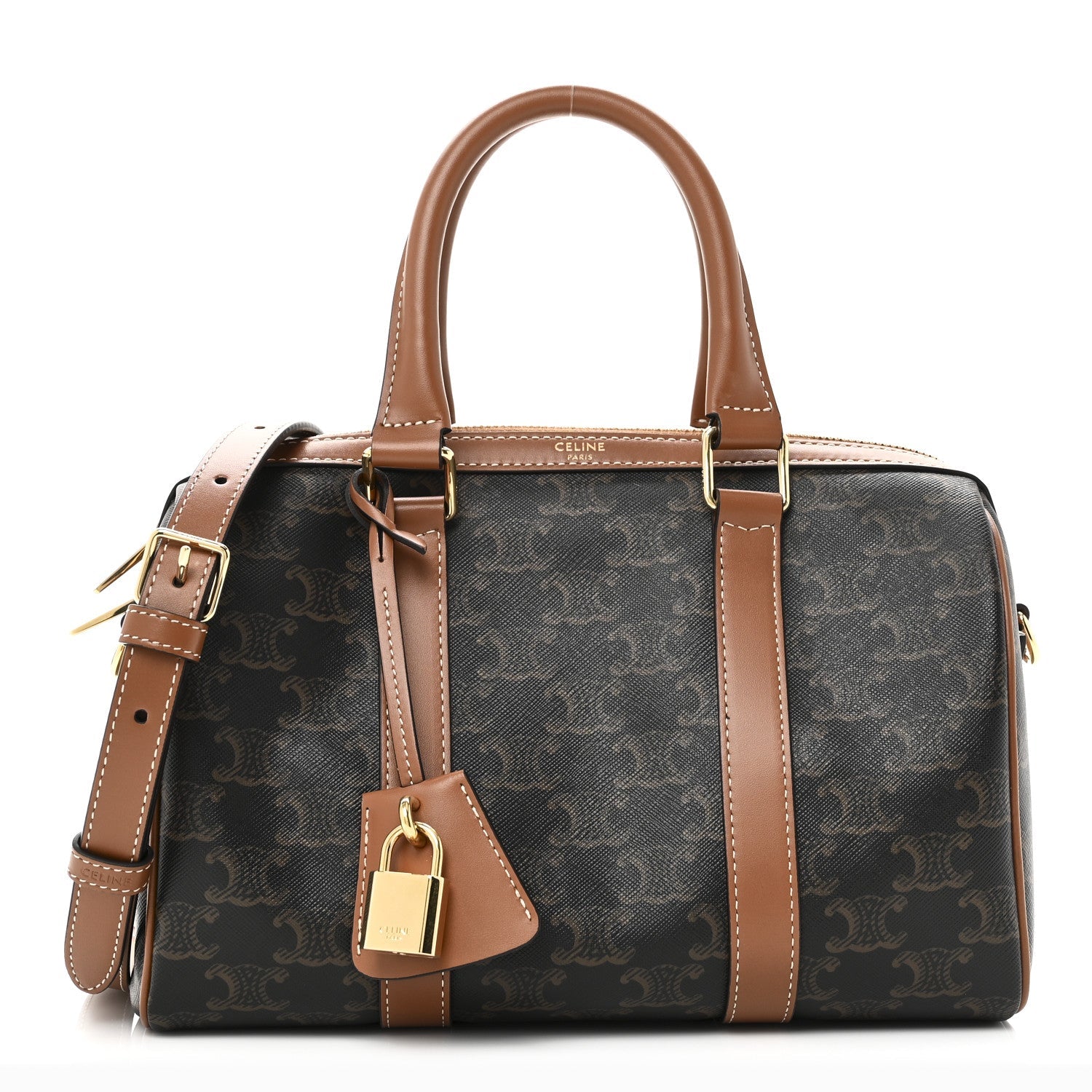 Triomphe Canvas Calfskin Medium Boston Bag Tan