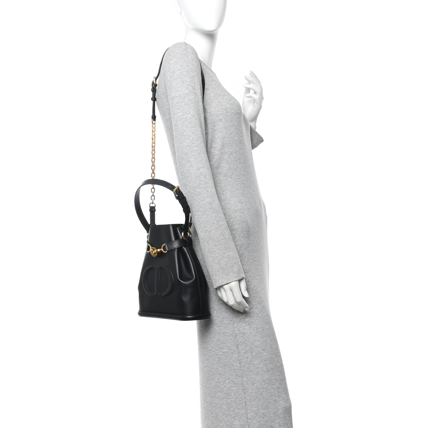 Calfskin CD Embossed Medium C'est Chain Bucket Bag Black