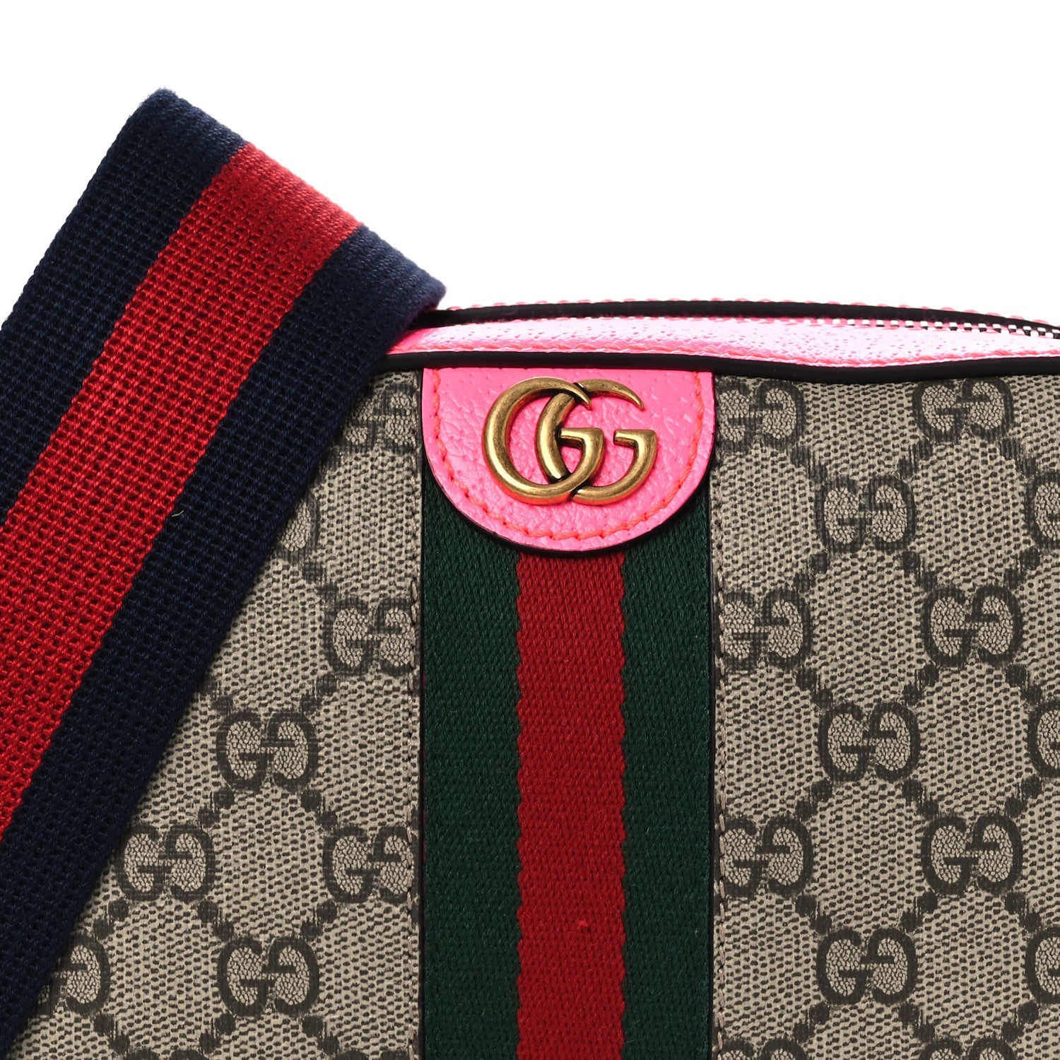 GG Supreme Monogram Textured Dollar Calfskin Web Ophidia Small Crossbody Bag Beige Ebony Fuchsia