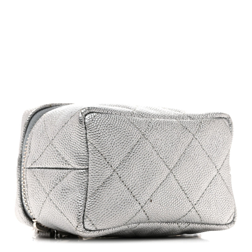 Metallic Caviar Quilted Mini Top Handle Vanity With Chain Silver