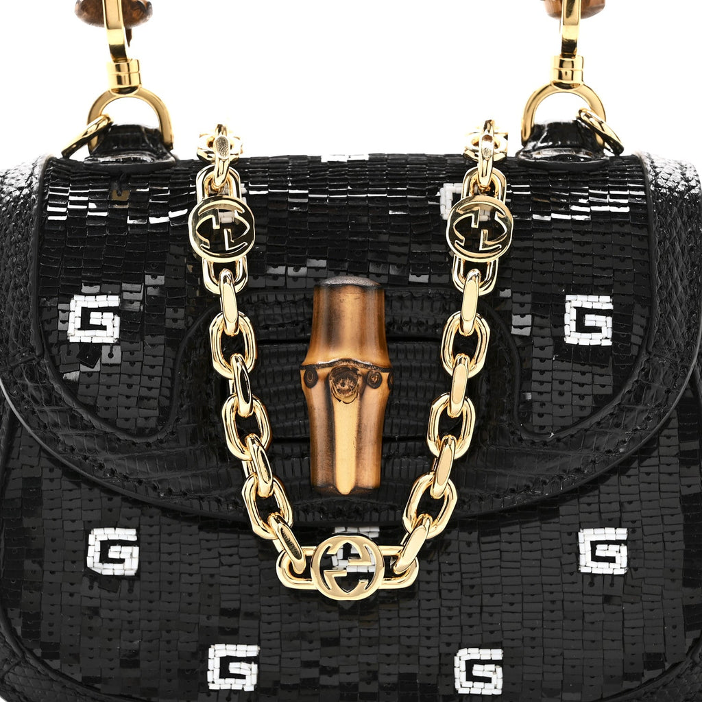 Sequin Lizard Embossed GG Mini Bamboo 1947 Top Handle Chain Bag Black White