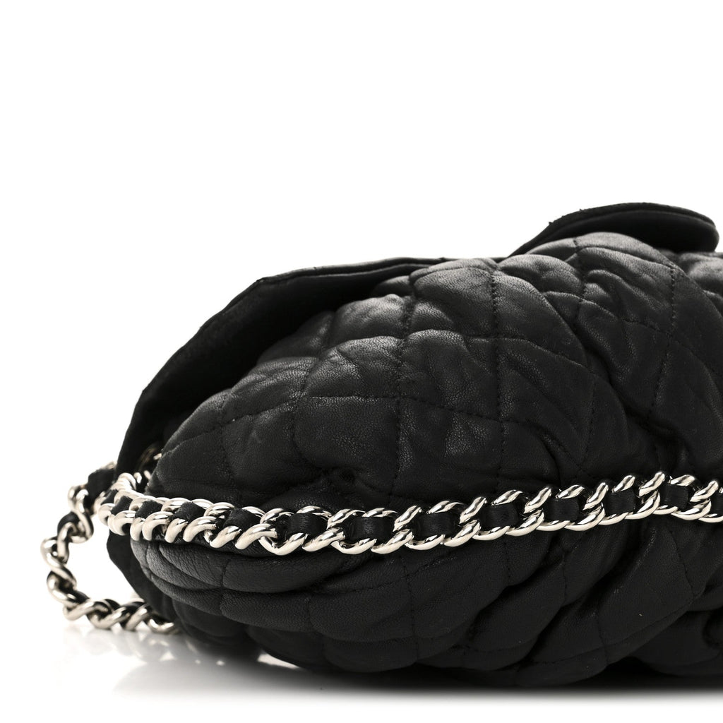 Washed Lambskin Quilted Medium Chain Around Messenger Black