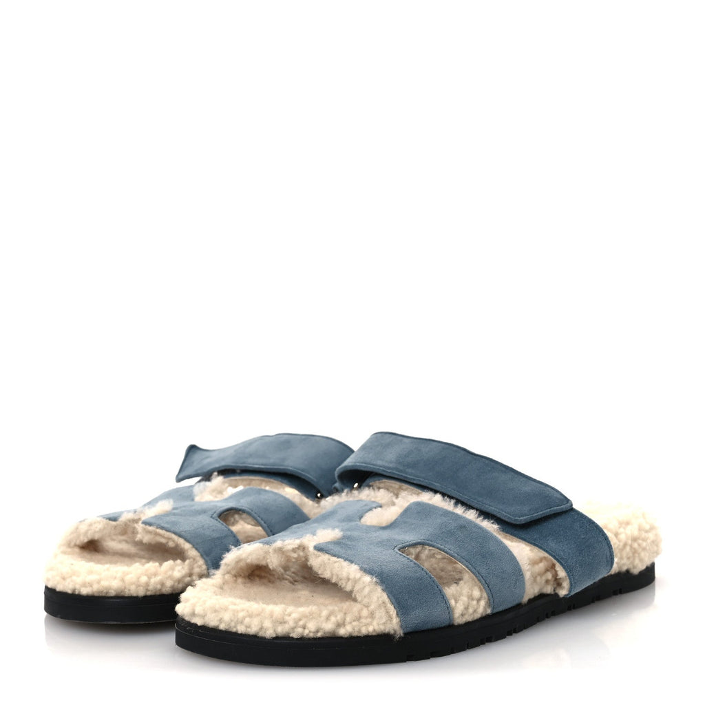 Suede Goatskin Woolskin Womens Chypre Sandals 38 Bleu Pinede Ecru