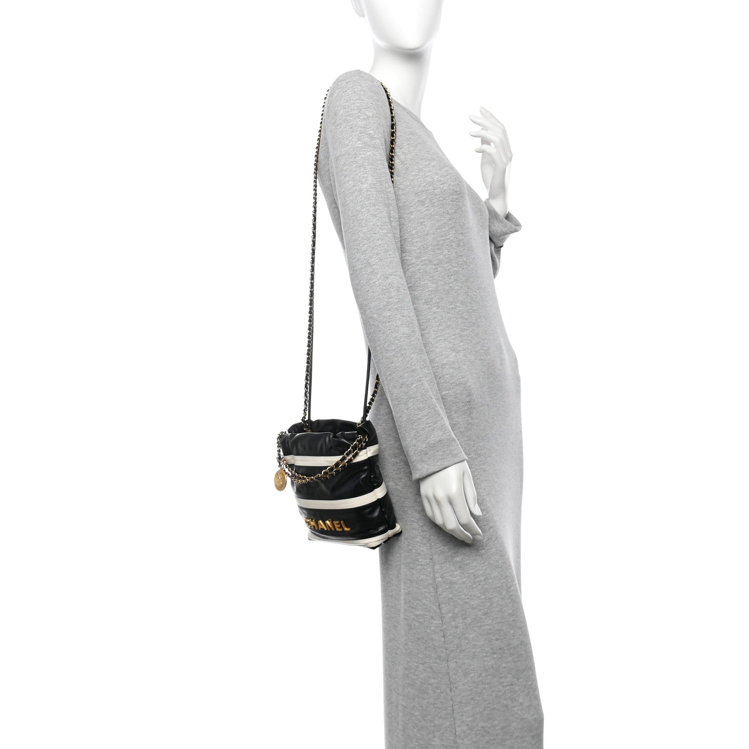 Shiny Calfskin Striped Mini Chanel 22 Black White