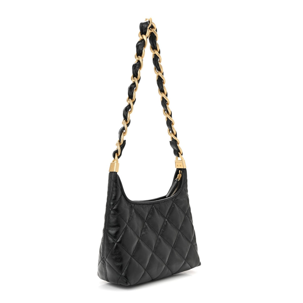 Shiny Crumpled Lambskin Quilted Small CC Funky Town Hobo Black