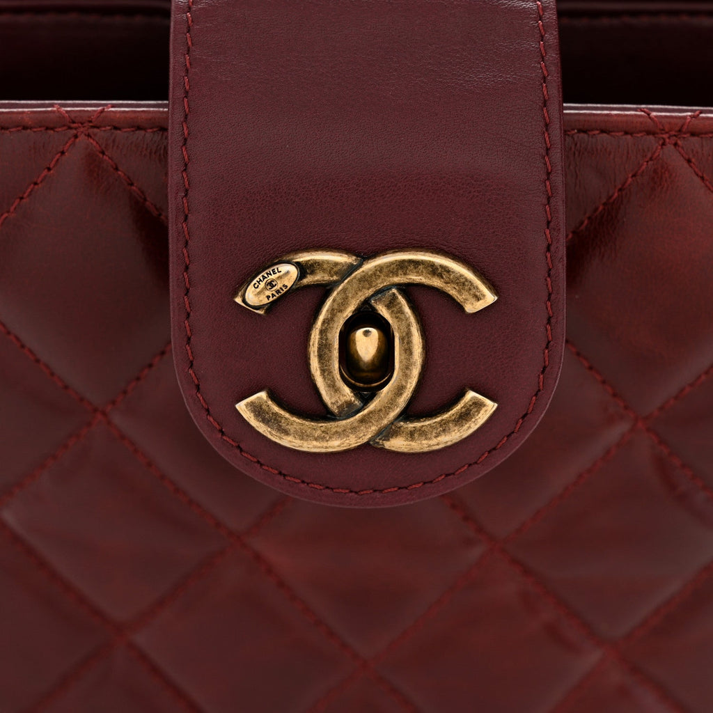Glazed Calfskin Quilted Small Gold Bar Tote Red