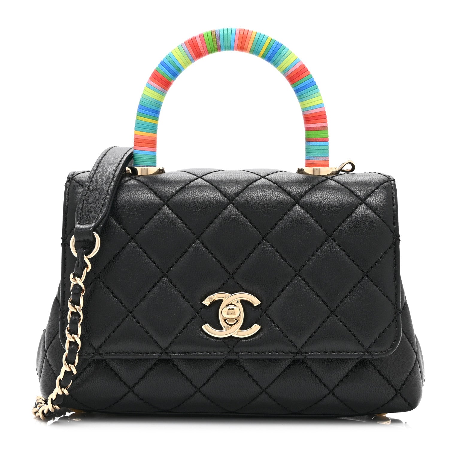Goatskin Quilted Rainbow Extra Mini Coco Handle Flap Black