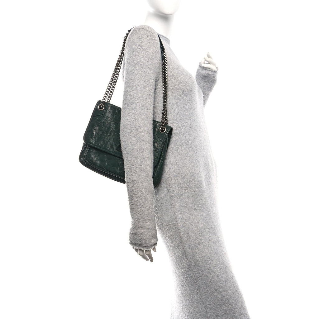 Crinkled Calfskin Matelasse Monogram Medium Niki Chain Satchel Dark Green