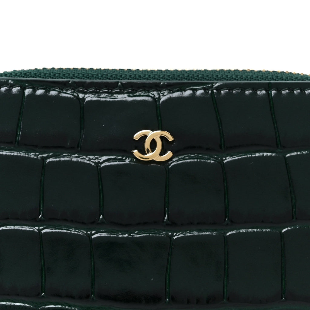 Calfskin Crocodile Embossed Crococo Zip Coin Purse Emerald