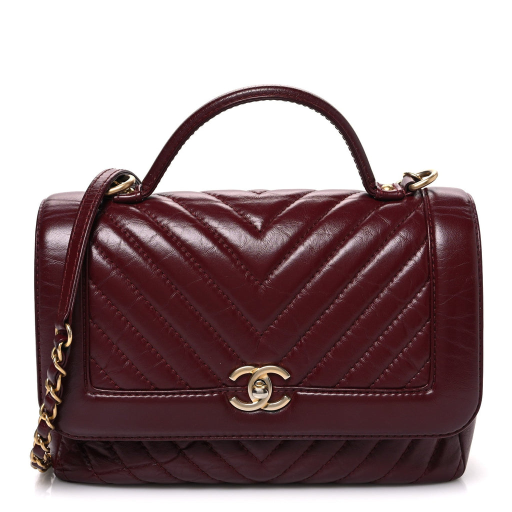 Calfskin Chevron Quilted Top Handle Flap Red