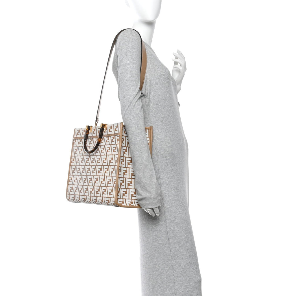 Woven Fabric Calfskin FF Medium Fendi Sunshine Shopper Tote Natural White Dark Honey