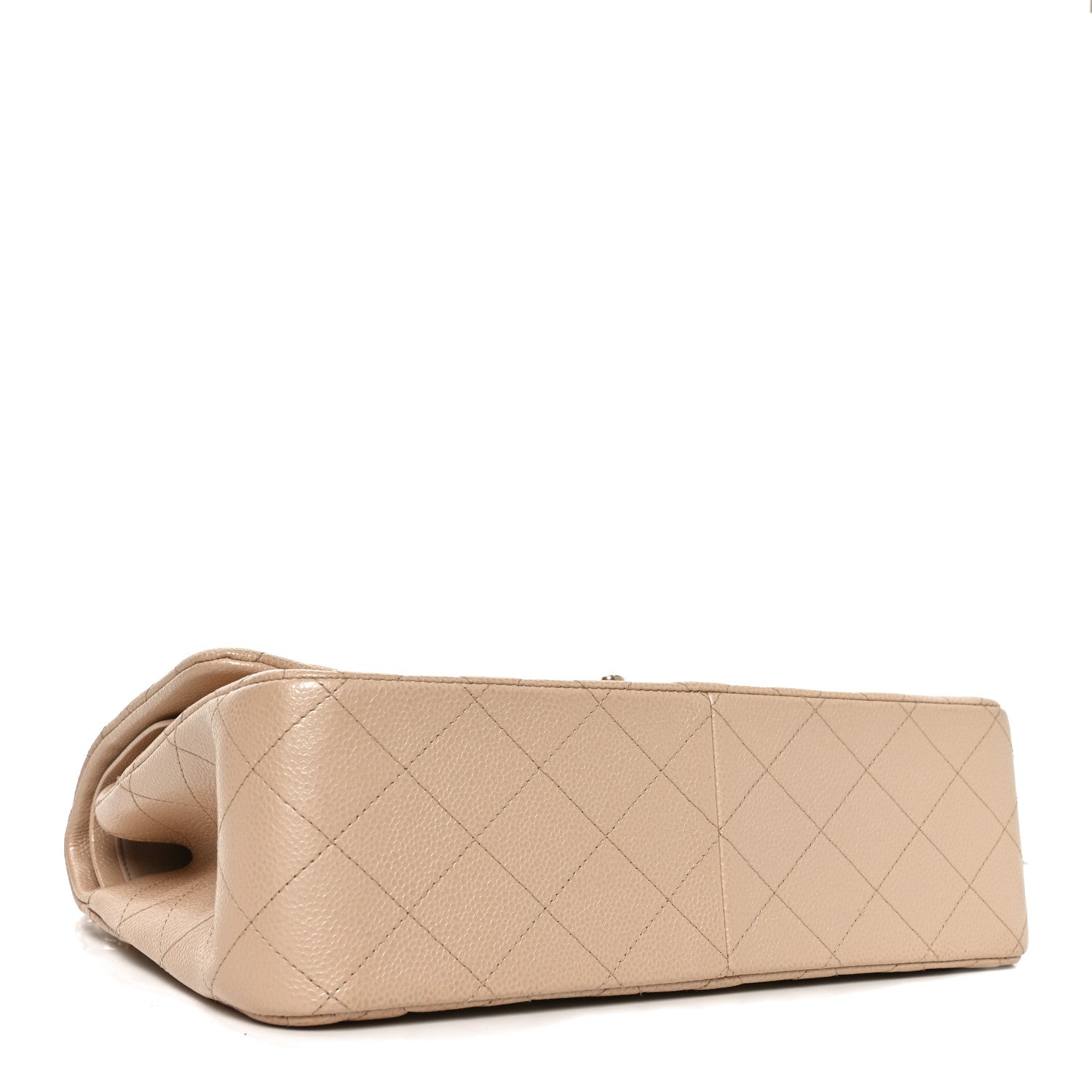 Pearly Caviar Quilted Jumbo Double Flap Beige