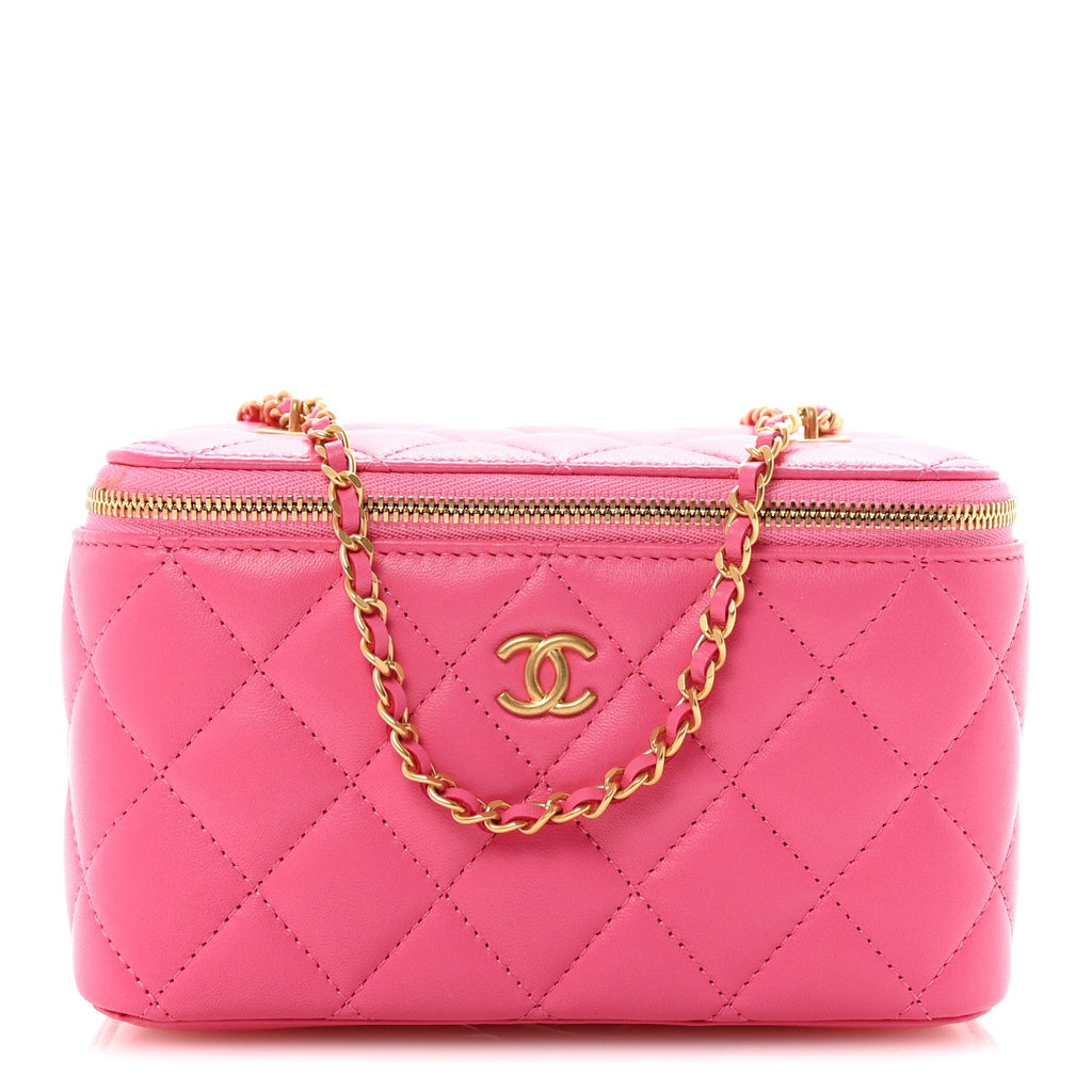Lambskin Enamel Quilted Small Coco Hearts Vanity Case With Chain Pink