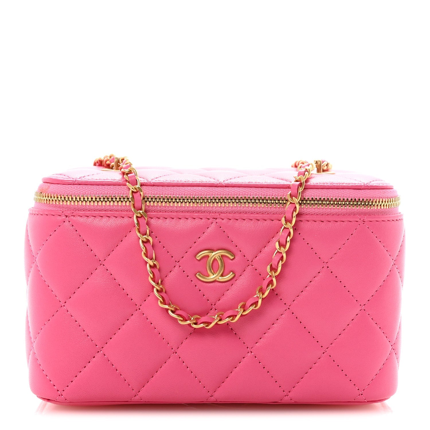 Lambskin Enamel Quilted Small Coco Hearts Vanity Case With Chain Pink