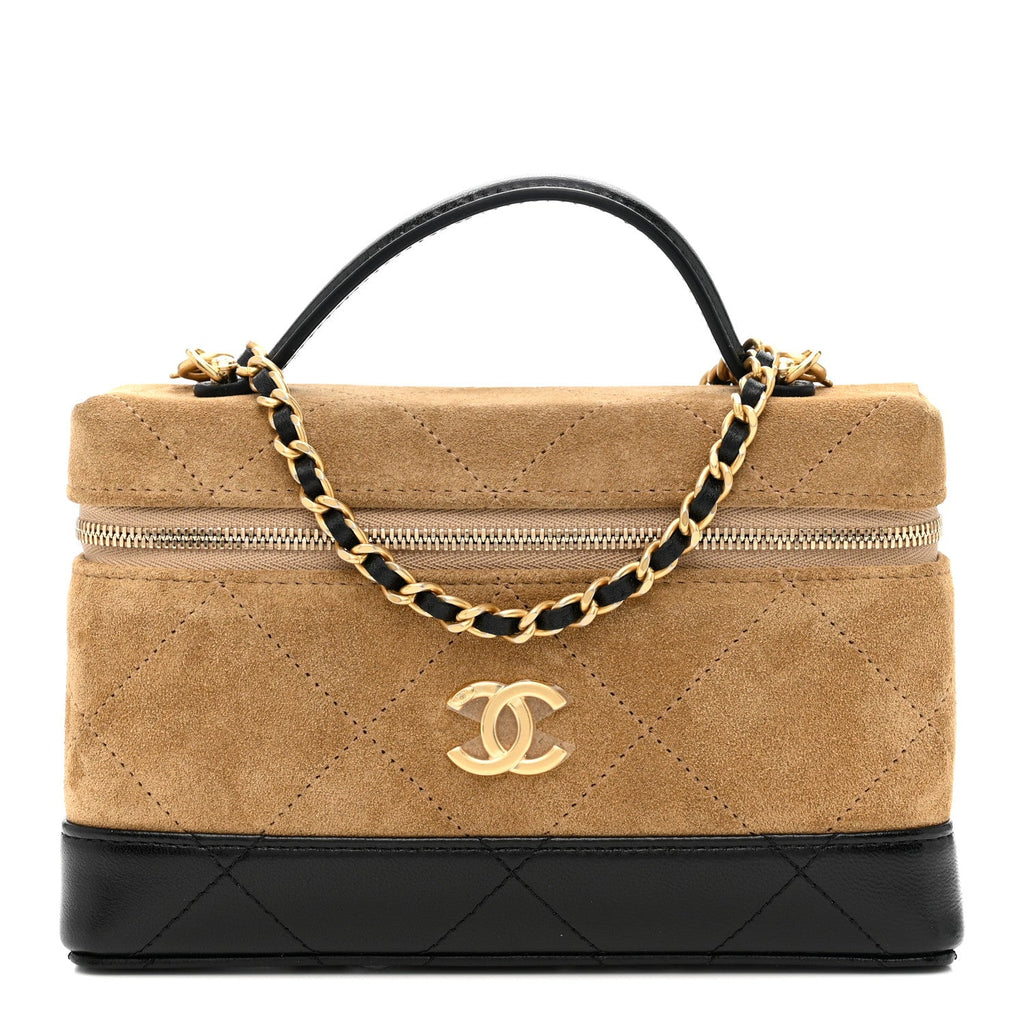 Suede Calfskin Shiny Lambskin Quilted Top Handle Slim Vanity Case With Chain Beige Black