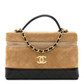 Suede Calfskin Shiny Lambskin Quilted Top Handle Slim Vanity Case With Chain Beige Black