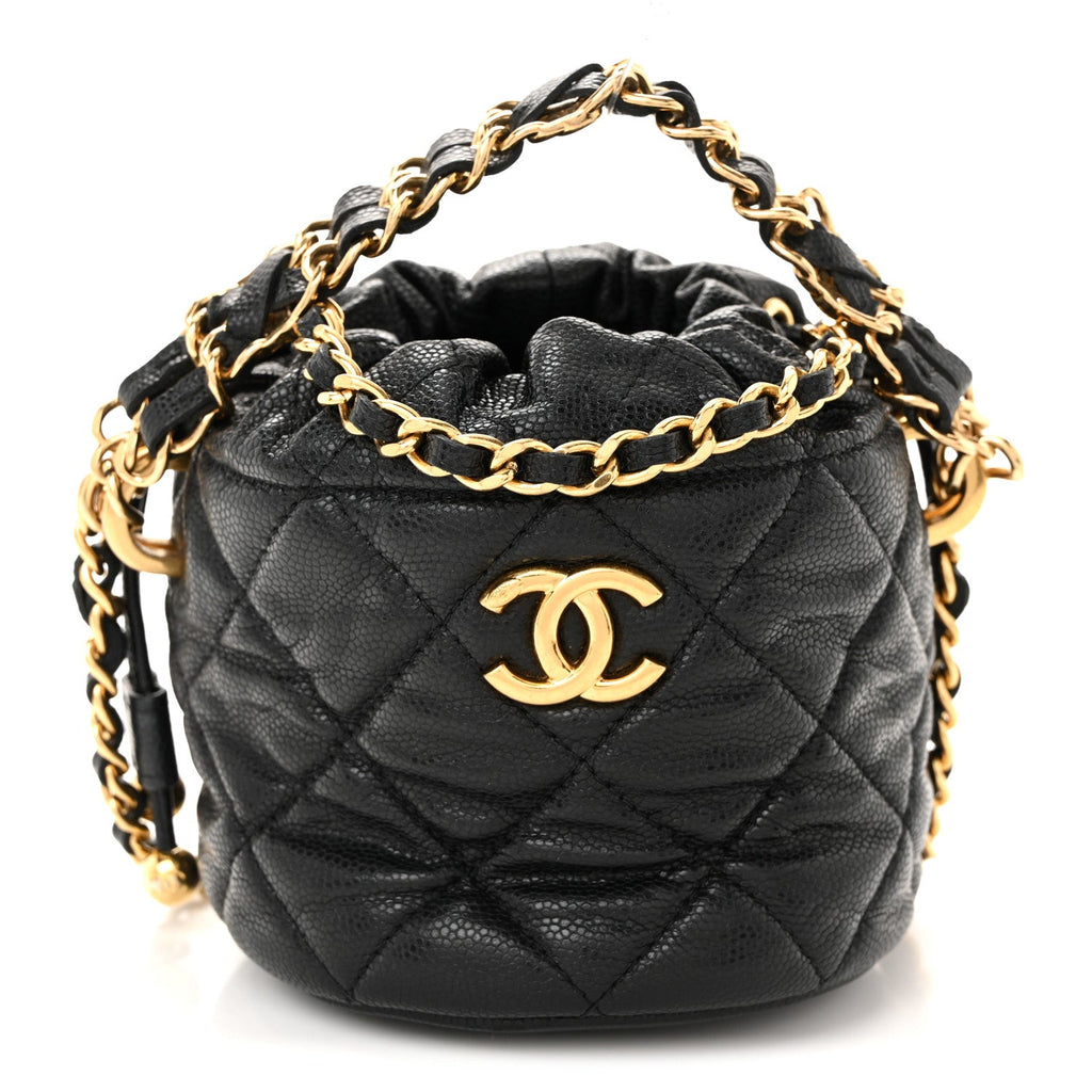 Caviar Quilted Coco First Bucket Clutch With Chain Black