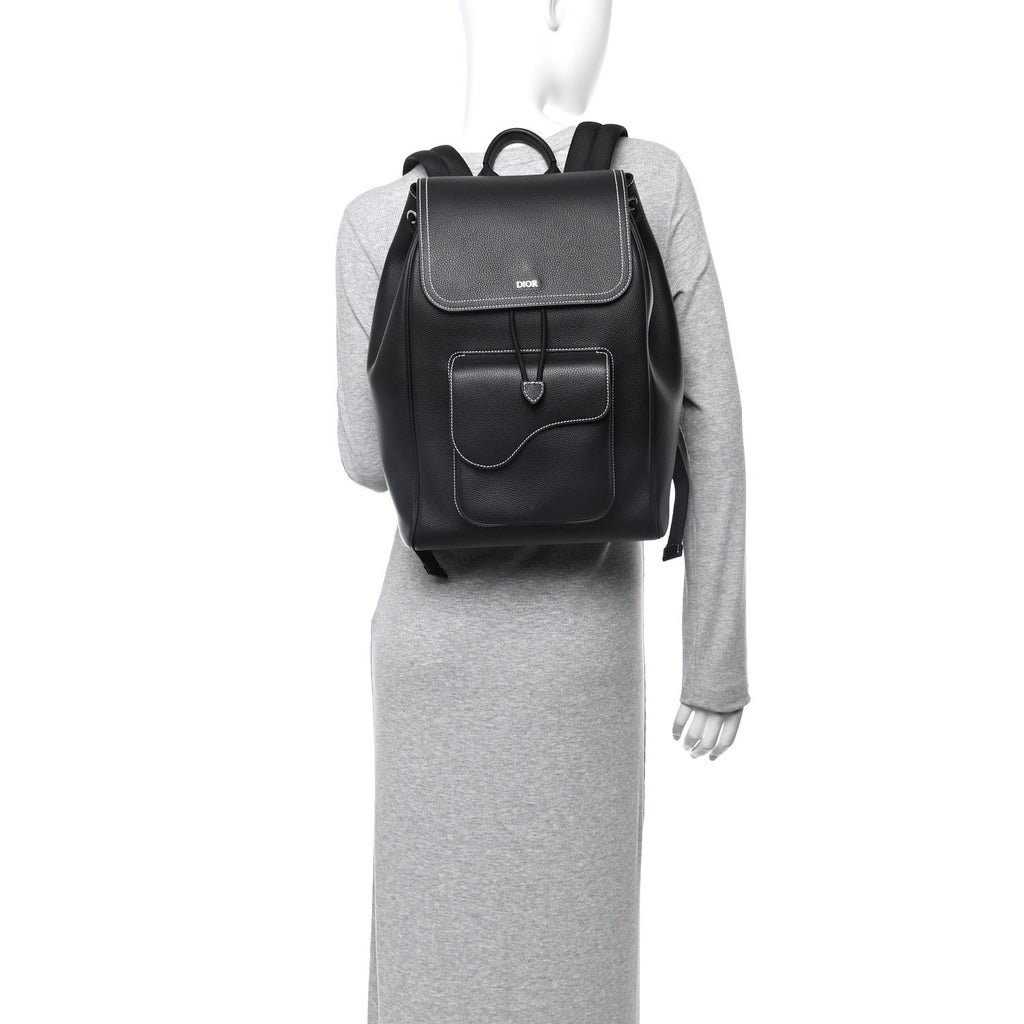 Grained Calfskin Saddle Drawstring Backpack Black