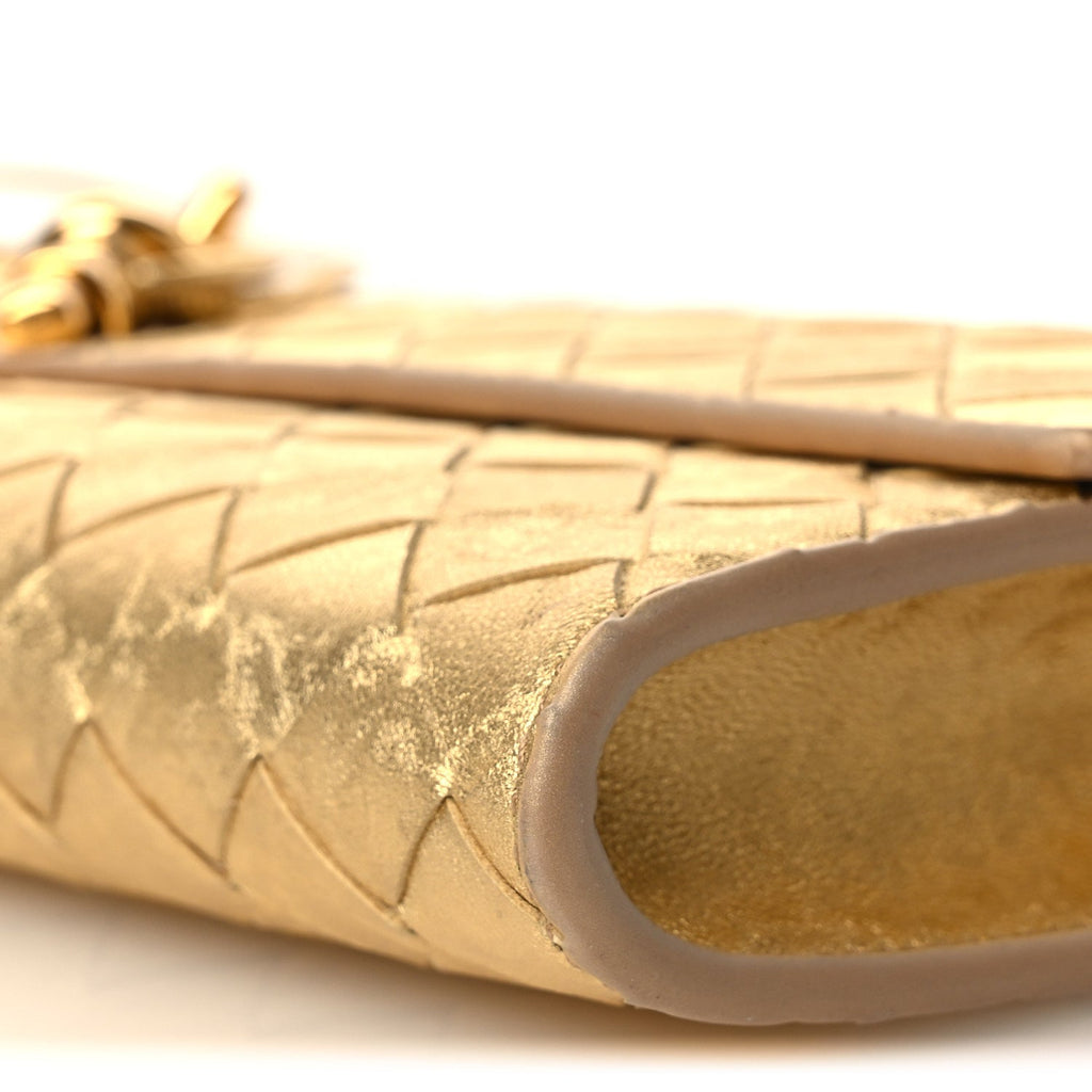 Metallic Satin Lambskin Intrecciato Long Andiamo Top Handle Clutch Gold