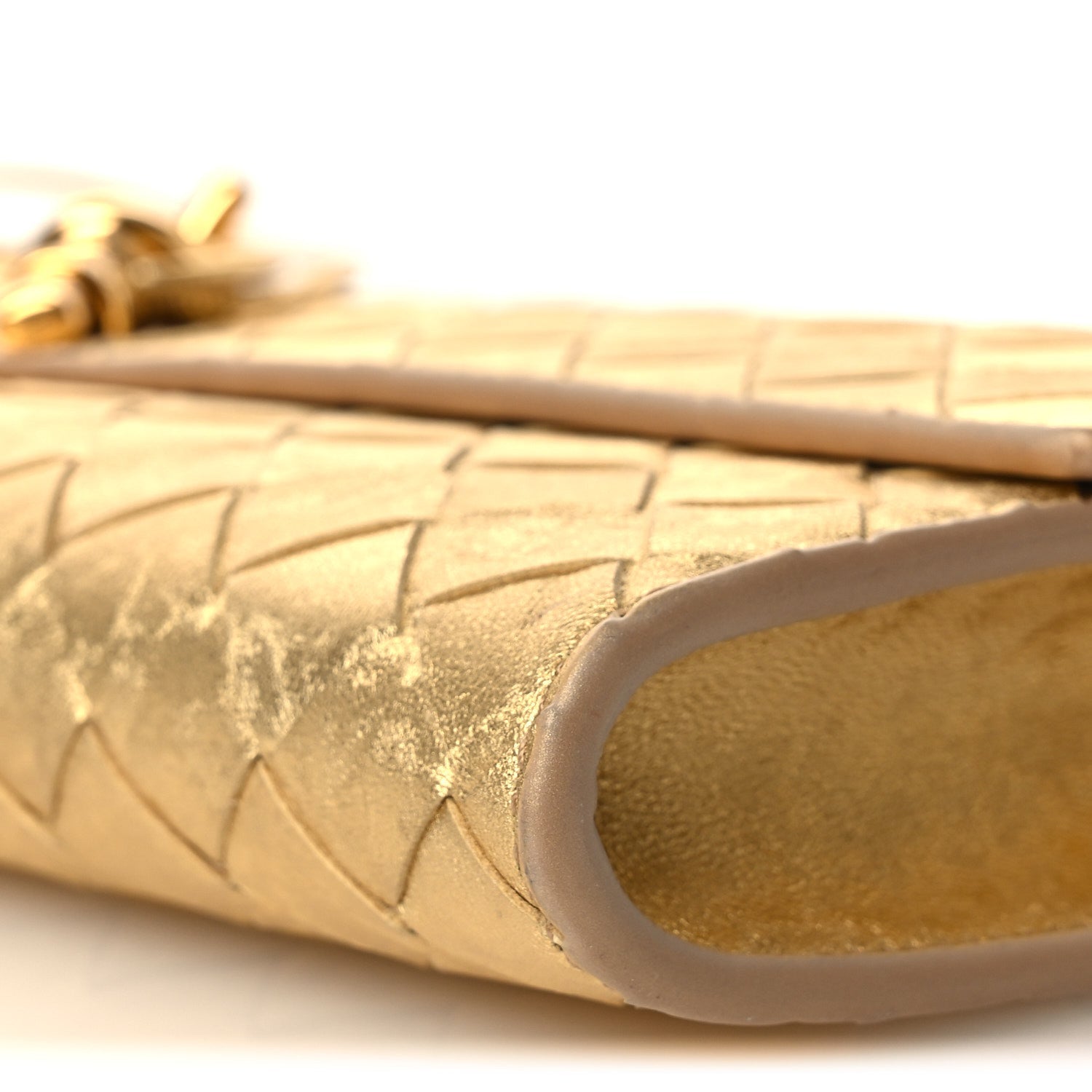 Metallic Satin Lambskin Intrecciato Long Andiamo Top Handle Clutch Gold