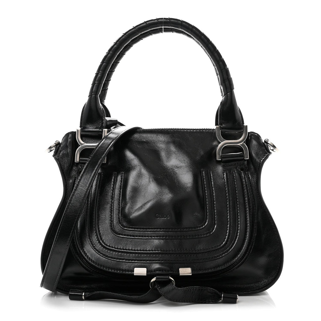 Natural Shiny Calfskin Small Marcie Satchel Black