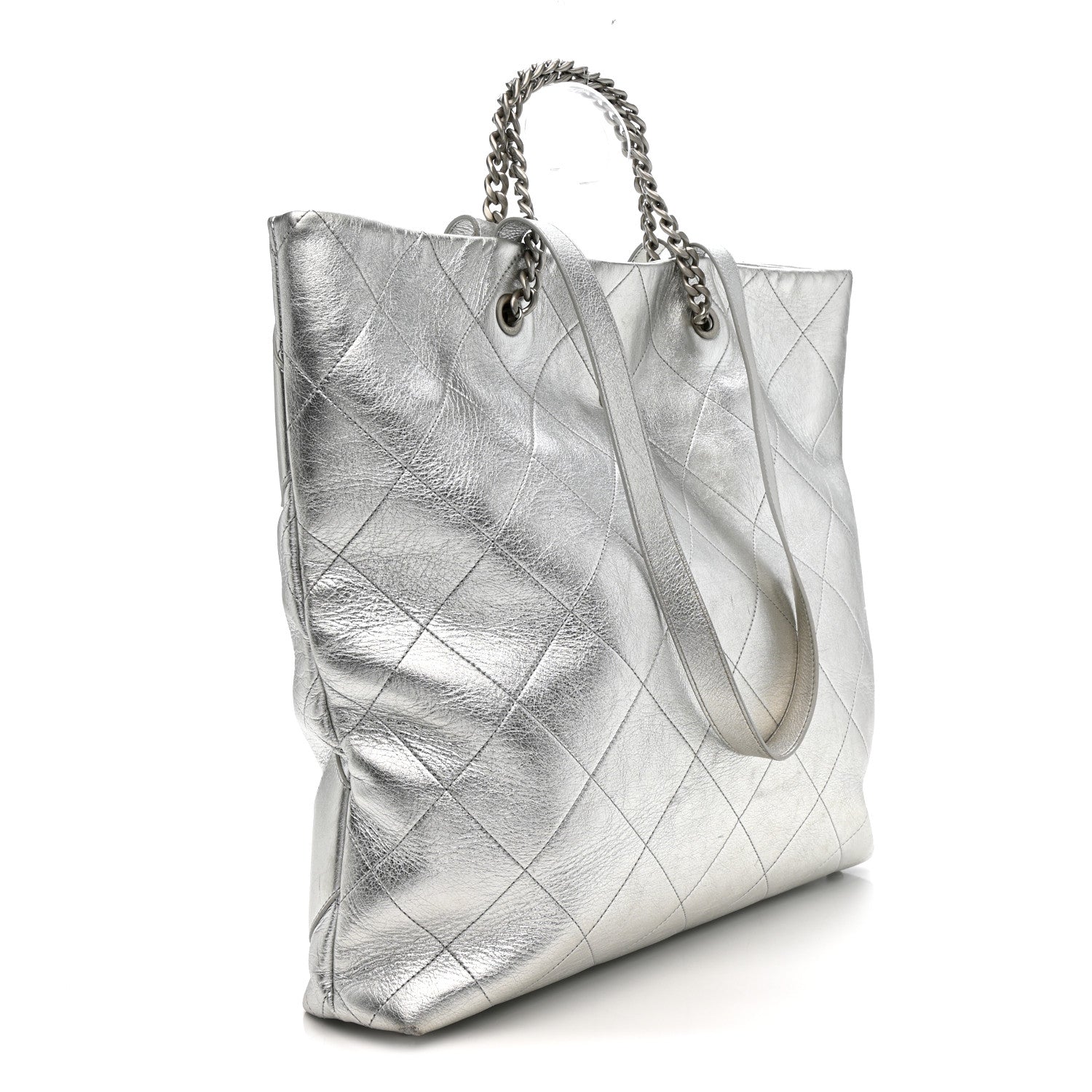 Metallic Calfskin Stitched CC Club Monaco Tote Silver